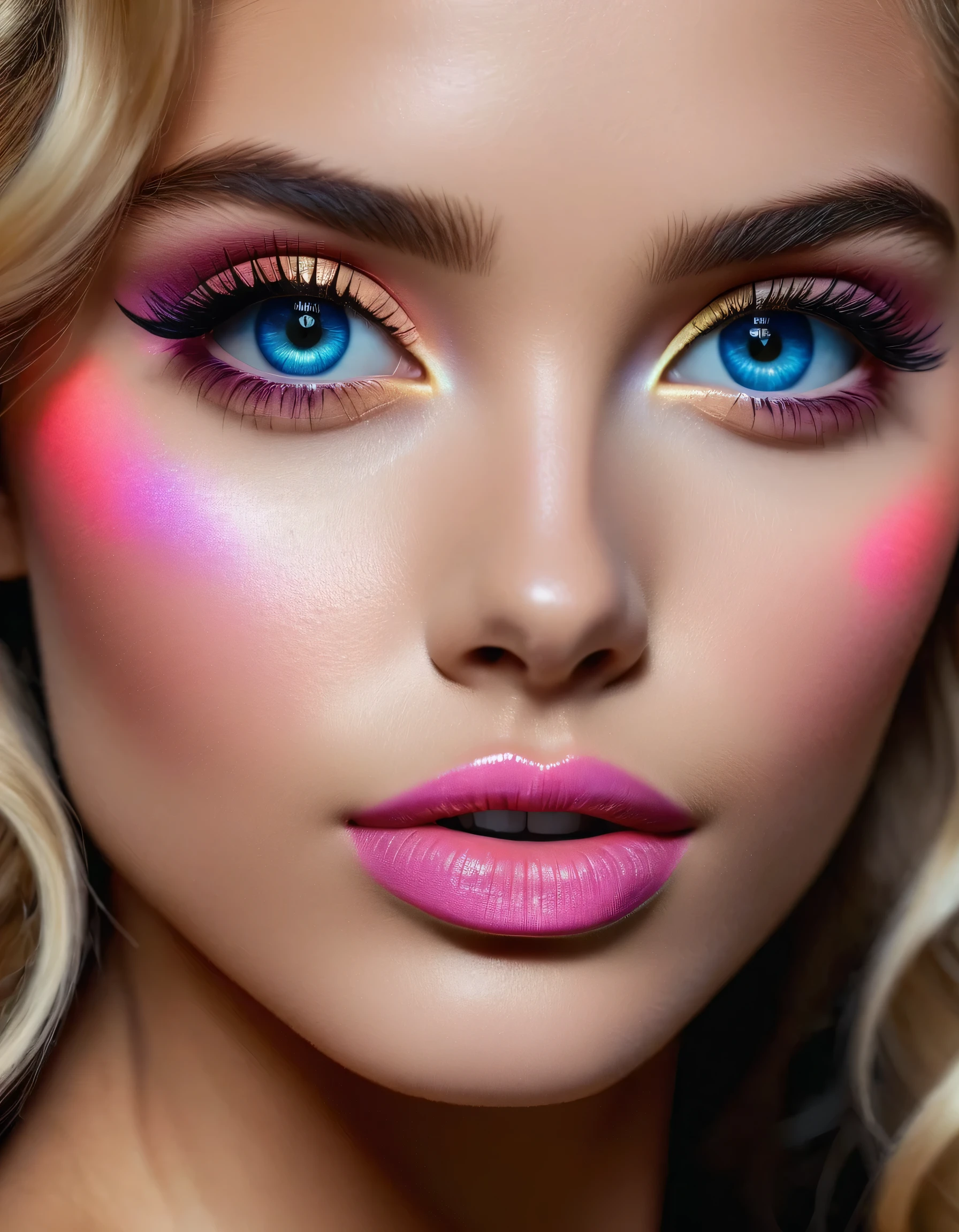 photorealistic Realism 16K Quality: (((Ultra high resolution absurd quality), extremely detailed details, realistic eyes, clearly sharp, absurd quality, no blur perfect eyes)), ([eye|long(lashes)|perfect(eyeshadows)]:[brown:1.35|\blue\|pink]), (super Detailed, beautiful little nose:1.2), (perfect composition), Depth of field, cinematic light, Lens flare, (extremely beautiful face, beautiful lips , Beautiful eyes), Intricate detail face, best high quality real texture skin:1.3, A woman with velvety skin:1.33), ((best high quality real texture hair)), (short blonde hair, (wavy, combed up, behind the ear), extremely detailed:1.38)), photo of the most beautiful artwork in the world, professional majestic (photography by Steve McCurry), 8k uhd, dslr, soft lighting, high quality, Fujifilm XT3 sharp focus, f 5.6, dramatic, (Anatomically correct perfect proportions), ((perfect hands:1.2)), (Super beautiful face: 1.33), ((perfect female body:1.4)), cute girl, ((firm and full breasts)), (the most absurd quality perfect eyes:1.35), ((super beautiful cute sharp-face)), (light pale complexion), transparent color pvc (Super Shiny Transparent Fluorescent Hologram Colorful$#$%! PVC Soft Full Bodysuit:1.36) , Ultra-tight fit bodysuit with super reflective surfaces, ((close to her face:1.3))