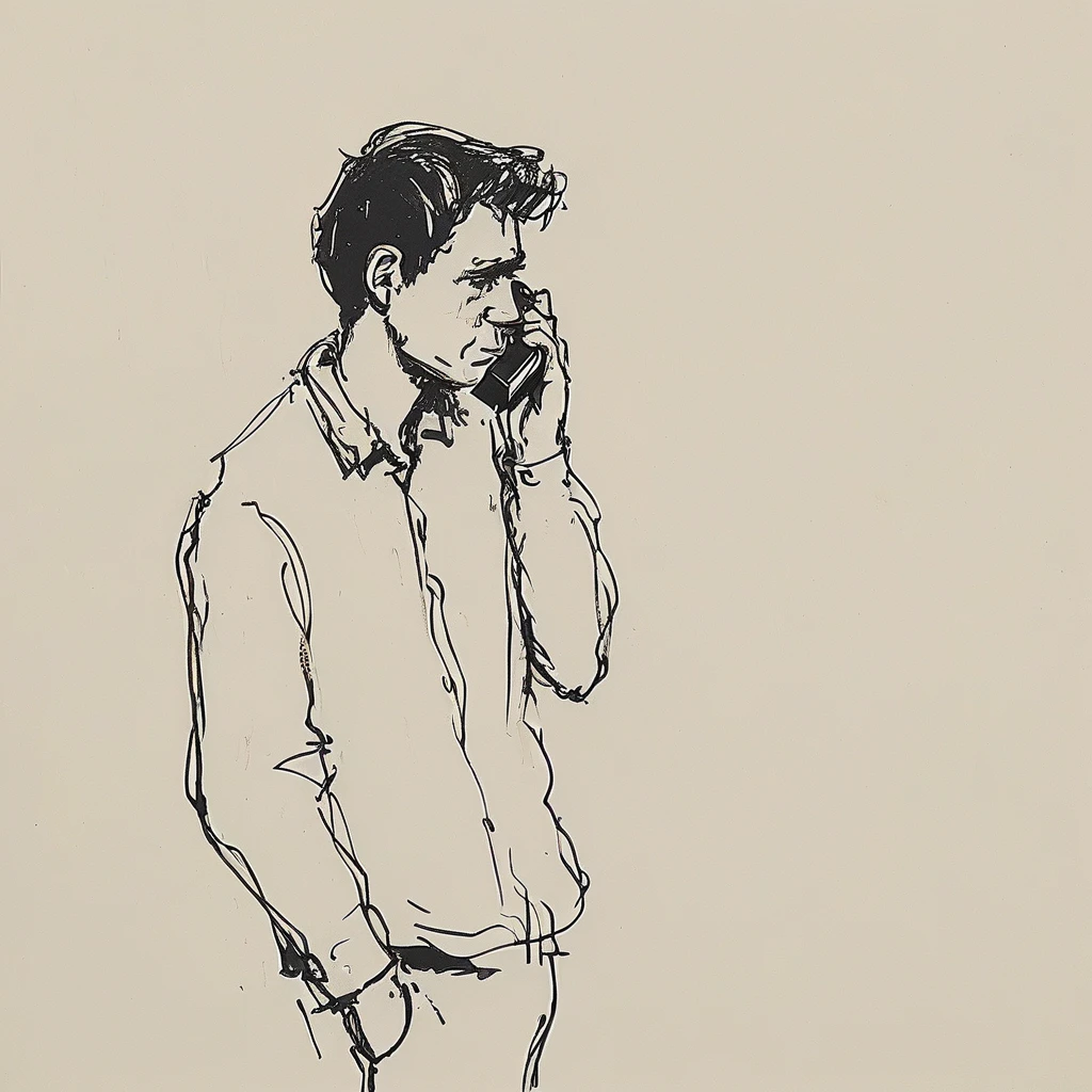 a black and white drawing of a close up of a guy who reply to the phone