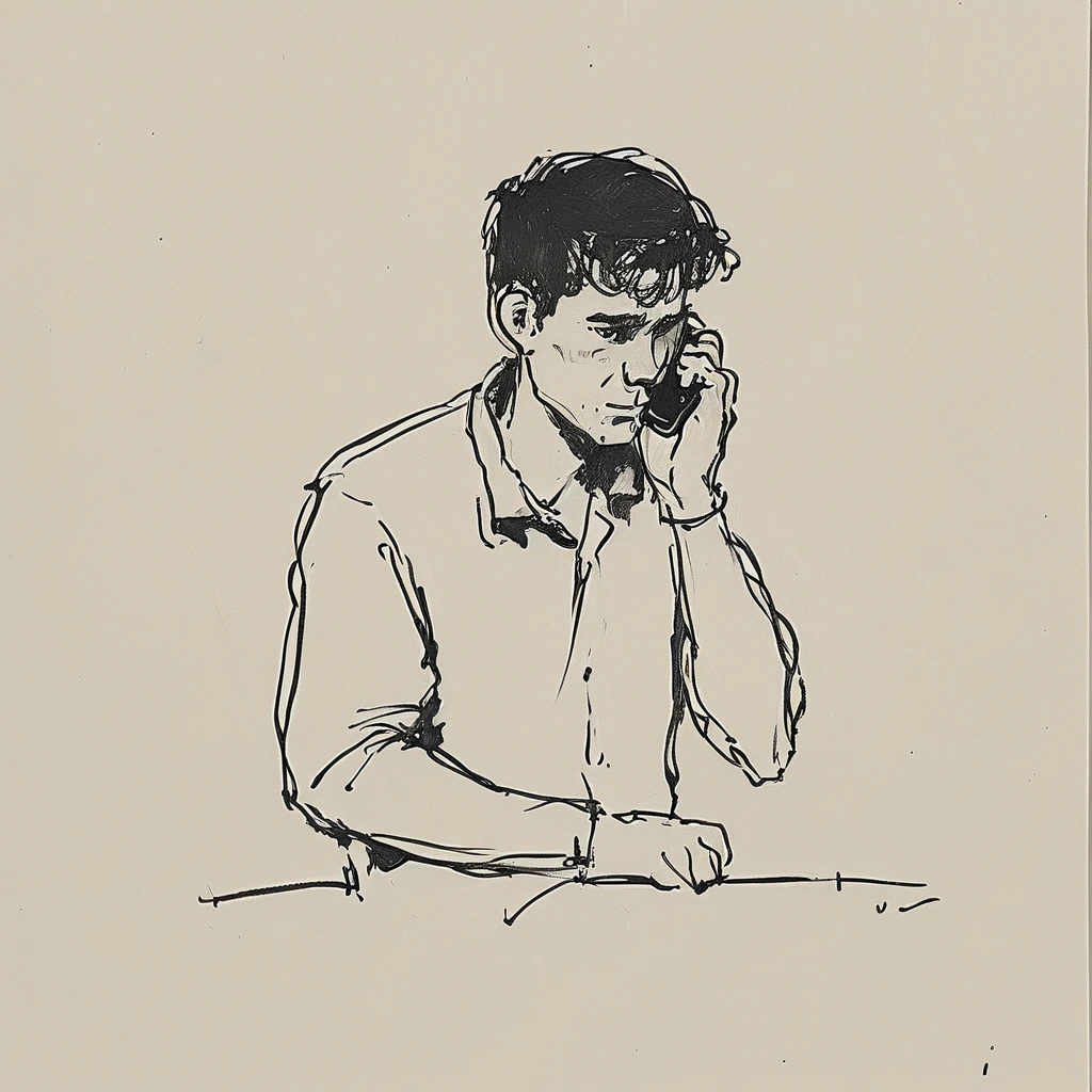 a black and white drawing of a close up of a guy who reply to the phone