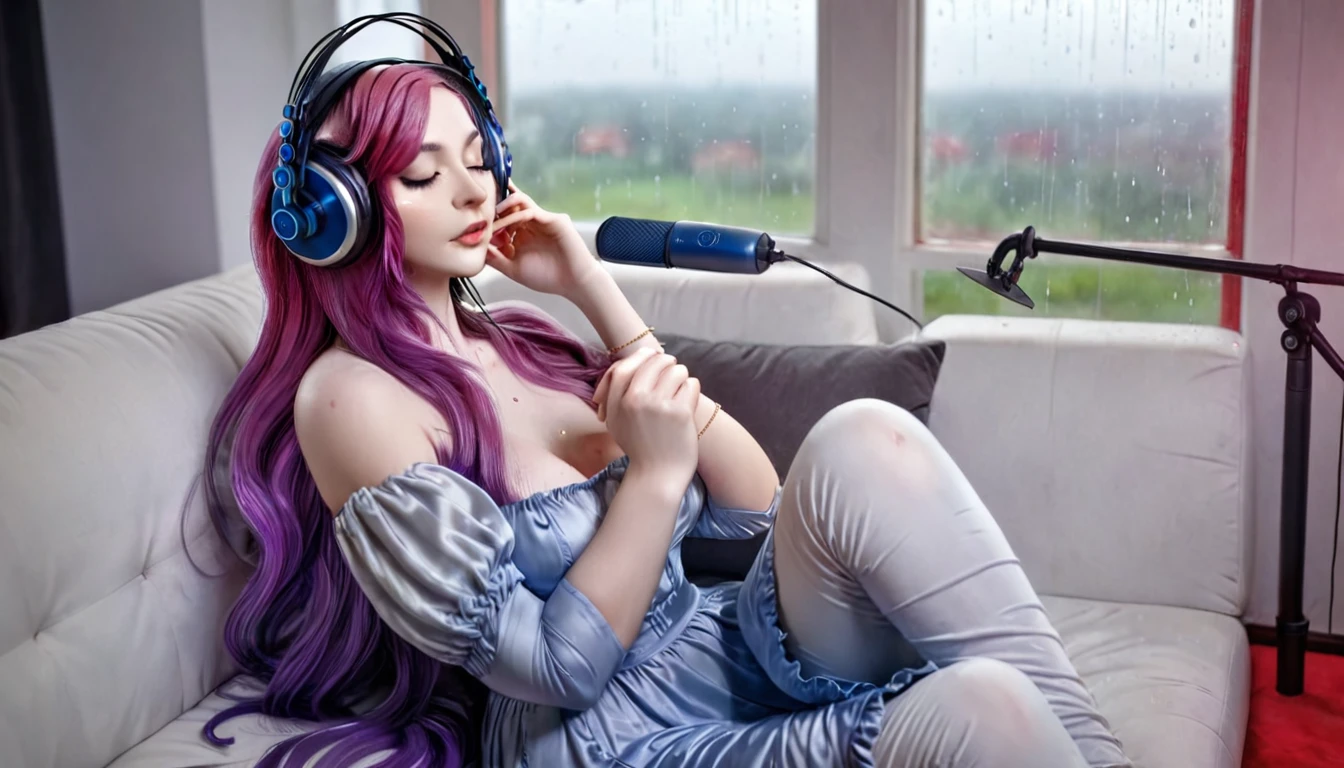 8k, digital image, hdr, sitting on a white ivory sofa with gold, red details, open glass window, rain, a beautiful woman, 25 years old, beautiful, with eyes closed, long purple hair, blue silk dress, headphones by ear