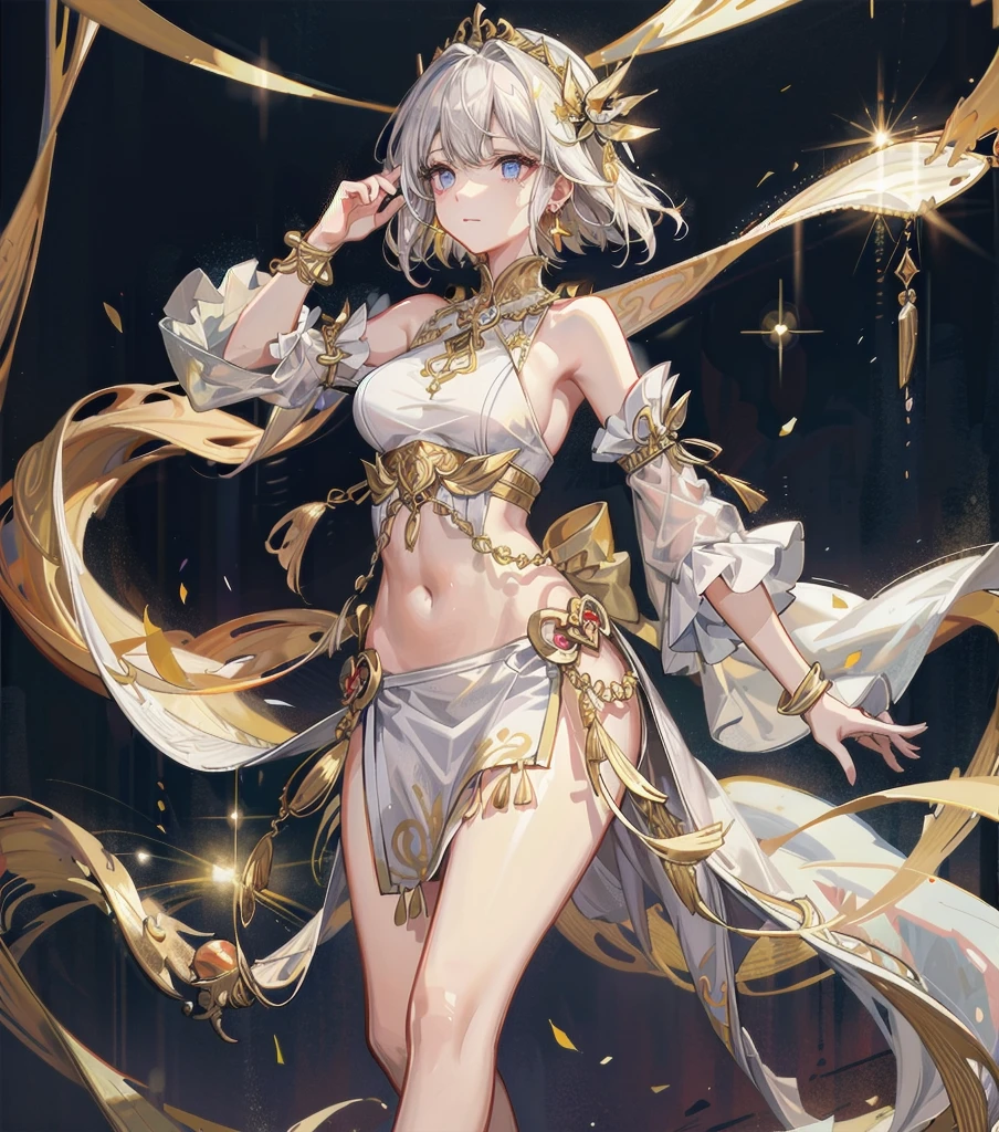 medium hair, medium tits, tearful mole, earring, whole body, gorgeous belly-dancer in jewelry-dress, white marble castle with golden ornates, Transparent white hanfu golden ornates, gold jewels,