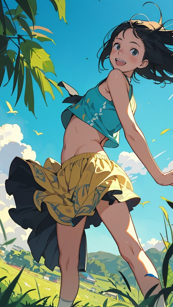 reasonable design, Clear lines, High Sharpness, (highest quality,4k,Perfect sharpness,Ultra fine,High resolution,masterpiece:1.2), Perfect Anatomy:1.5, Official Art, Illustrations that tell a story, (Whitish background:0. 9)、Body Positivity、More Mr.Physical expression、(Random and mischievous poses)、Perfect beauty、Perfect beautiful face、Strong winds、A rich expression、Dynamic composition、smile、Golden ratio composition、colorful、(Mr.Different angles and perspectives)、Anime Art、mini skirt、(Overcoming stereotypes)、 Glowing Skin、(Natural beauty)、smile、bangs、Straight Hair、(Soft and flowing hair)、(Rural Scenery)、(Nostalgic atmosphere)、Insert up to the thighs、(Playful and carefree)、(More Mr.Ethnic characters)、(innocent attitude)、(Sunny atmosphere)、Skirt flipped up、(Bright colors)、Belly button exposed、Beautiful Eyes、A skirt fluttering in the wind、Put it in to your feet、Some composition patterns、Tank top、Angle from behind、Angle from below、