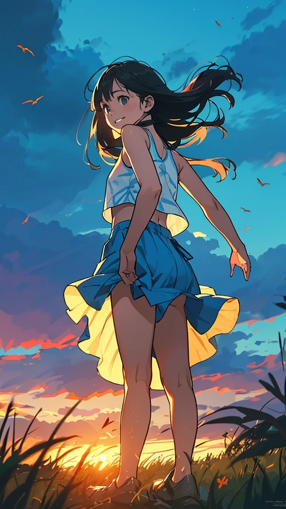 reasonable design, Clear lines, High Sharpness, (highest quality,4k,Perfect sharpness,Ultra fine,High resolution,masterpiece:1.2), Perfect Anatomy:1.5, Official Art, Illustrations that tell a story, (Whitish background:0. 9)、Body Positivity、More Mr.Physical expression、(Random and mischievous poses)、Perfect beauty、Perfect beautiful face、Strong winds、A rich expression、Dynamic composition、smile、Golden ratio composition、colorful、(Mr.Different angles and perspectives)、Anime Art、mini skirt、(Overcoming stereotypes)、 Glowing Skin、(Natural beauty)、smile、bangs、Straight Hair、(Soft and flowing hair)、(Rural Scenery)、(Nostalgic atmosphere)、Insert up to the thighs、(Playful and carefree)、(More Mr.Ethnic characters)、(innocent attitude)、(Sunny atmosphere)、Skirt flipped up、(Bright colors)、Belly button exposed、Beautiful Eyes、A skirt fluttering in the wind、Put it in to your feet、Some composition patterns、Tank top、Angle from behind、Angle from below、