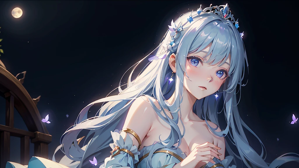 A princess with a delicate and beautiful face, large eyes, and translucent skin is looking up at the moon from a castle, enchantingly dressed in a traditional and glamorous medieval European dress and wearing a large hair ornament. A gentle, warm light surrounds the princess. The background is filled with soft out-of-focus light, and the pale blue and purple tones create a dreamy, serene, and enchanting atmosphere. Fireflies glowing in the moonlit night surround the princess, adding to the magical and ethereal atmosphere. Emphasis on the armpit and clavicle
