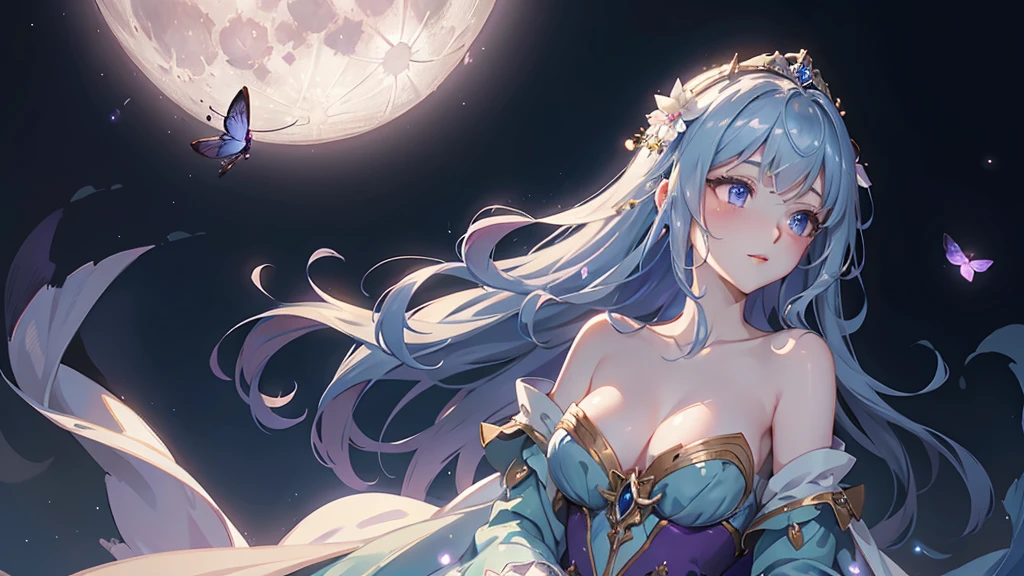 A princess with a delicate and beautiful face, large eyes, and translucent skin is looking up at the moon from a castle, enchantingly dressed in a traditional and glamorous medieval European dress and wearing a large hair ornament. A gentle, warm light surrounds the princess. The background is filled with soft out-of-focus light, and the pale blue and purple tones create a dreamy, serene, and enchanting atmosphere. Fireflies glowing in the moonlit night surround the princess, adding to the magical and ethereal atmosphere. Emphasis on the armpit and clavicle