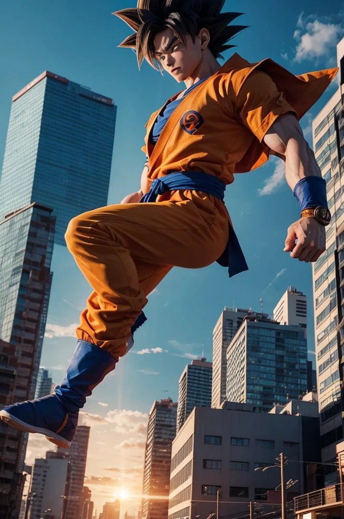 Imagem do Goku em uma cidade futura