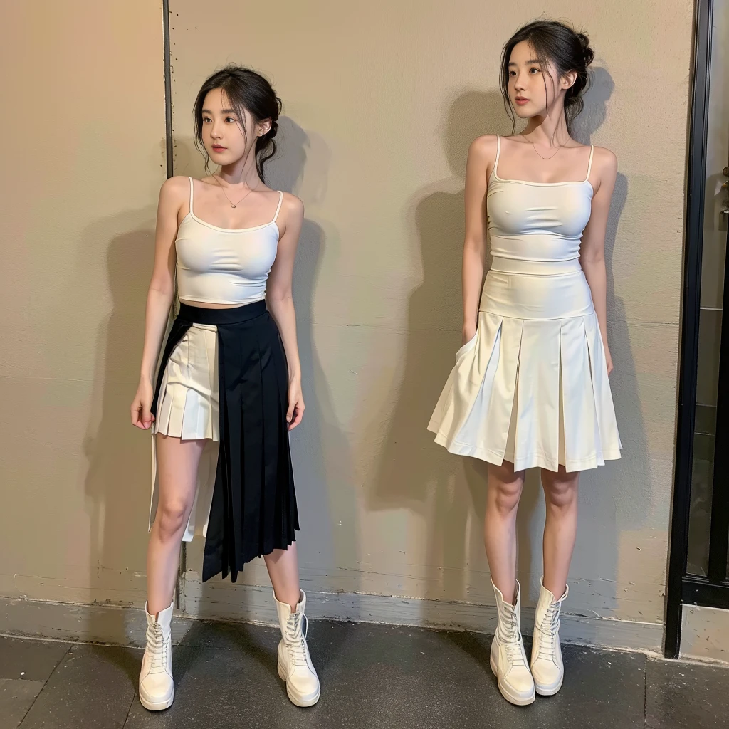 (A hem full flared skirt), (Oversized T-shirt with excess fabric when tucked into a skirt), (white strapless shirt), (Skirt full thigh), (knee-length outfit), ((full-body standing image)), (cotton spaghetti-strap top), (Scottish pleated midi skirt), (black midi skirt), (white sneakers), (a pair of white leather boots, highly detailed boots), (32K,1 20-year-old girl, The light from the rear room is backlit, Ray traching), (top meets skirt), (bare arms), (bare shoulder)