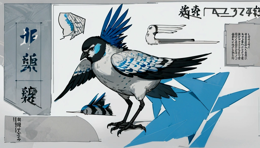 a blue screen-printed style bird, with gray, black and white feathers, different angles, character sheet, white background --raw style --ar 3:2 --stylize 300