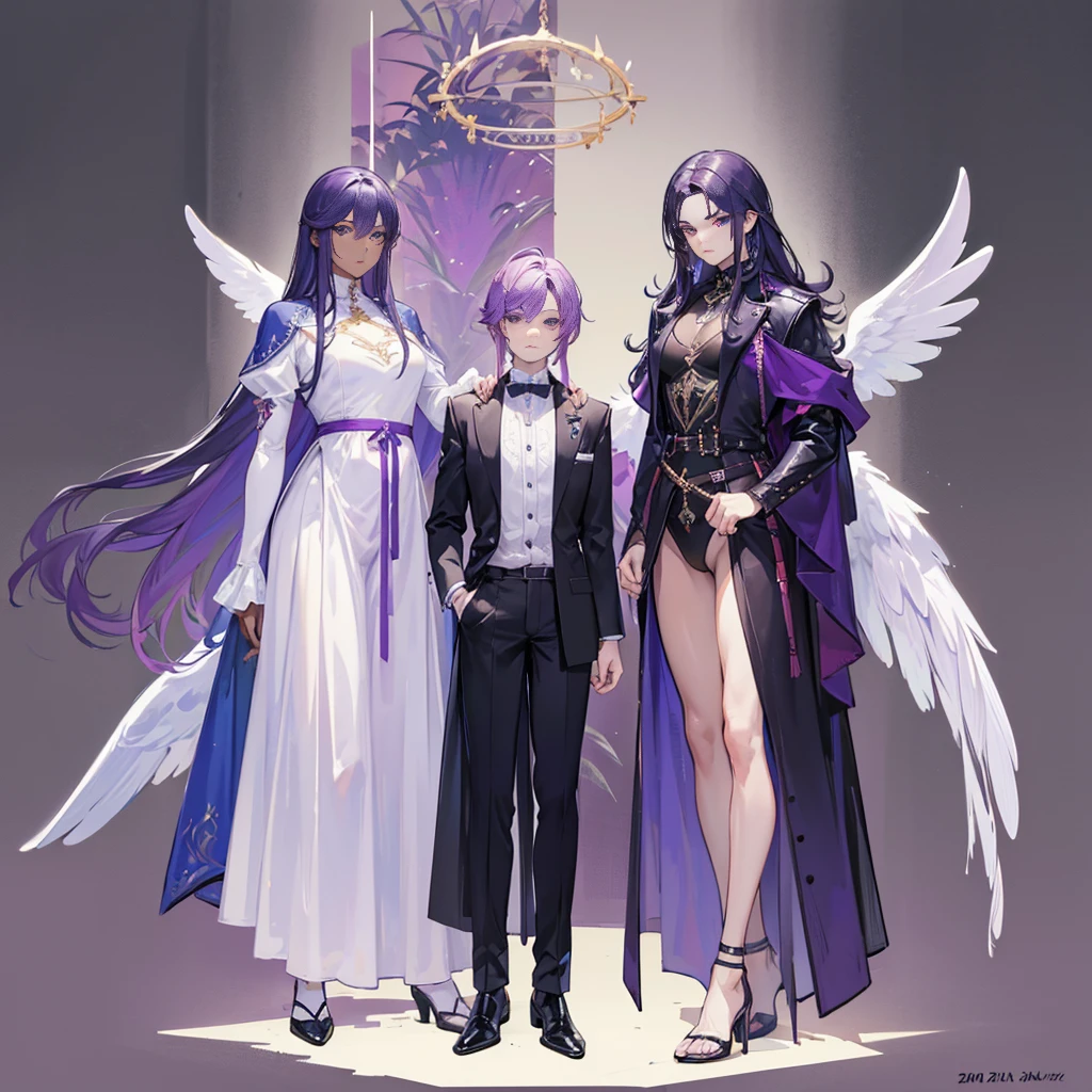(Masterpiece, best quality), detailed, 1 man, ((character concept art)), ((character design sheet, same character, front, side, back)), full body, body complete, 1 Male, 1 Man, Detailed face, character design sheet,full bodyesbian, Highly detailed, character sheet, character design, Many parts, dark skin, angel wings, long purple hair, angel outfit, muscle male god, male clothes, masculine, muscle man, male muscle, manly, male angel, Muscle male with purple long hair,beautiful man, beatiful boy