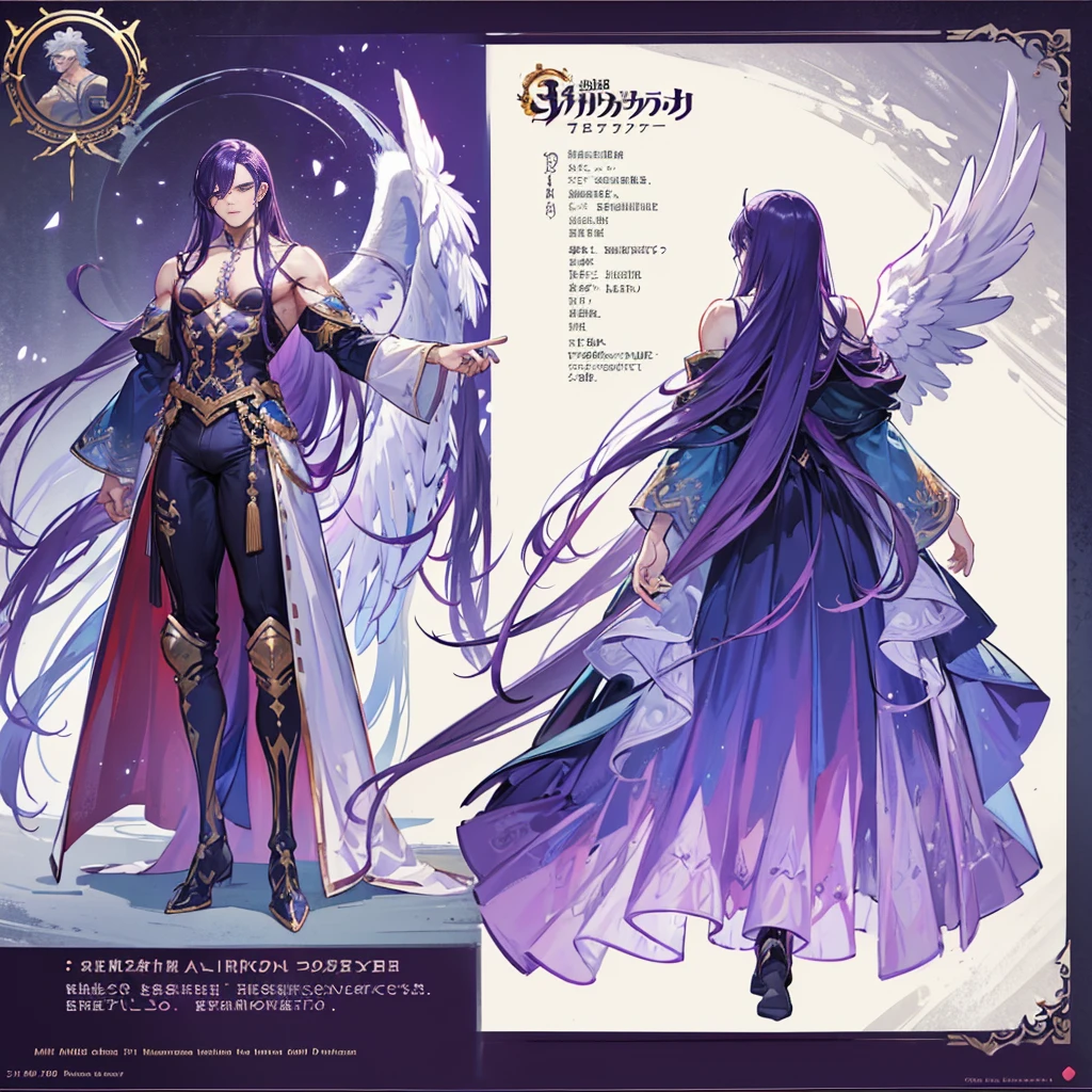 (Masterpiece, best quality), detailed, 1 man, ((character concept art)), ((character design sheet, same character, front, side, back)), full body, body complete, 1 Male, 1 Man, Detailed face, character design sheet,full bodyesbian, Highly detailed, character sheet, character design, Many parts, dark skin, angel wings, long purple hair, angel outfit, muscle male god, male clothes, masculine, muscle man, male muscle, manly, male angel, Muscle male with purple long hair,beautiful man, beatiful boy
