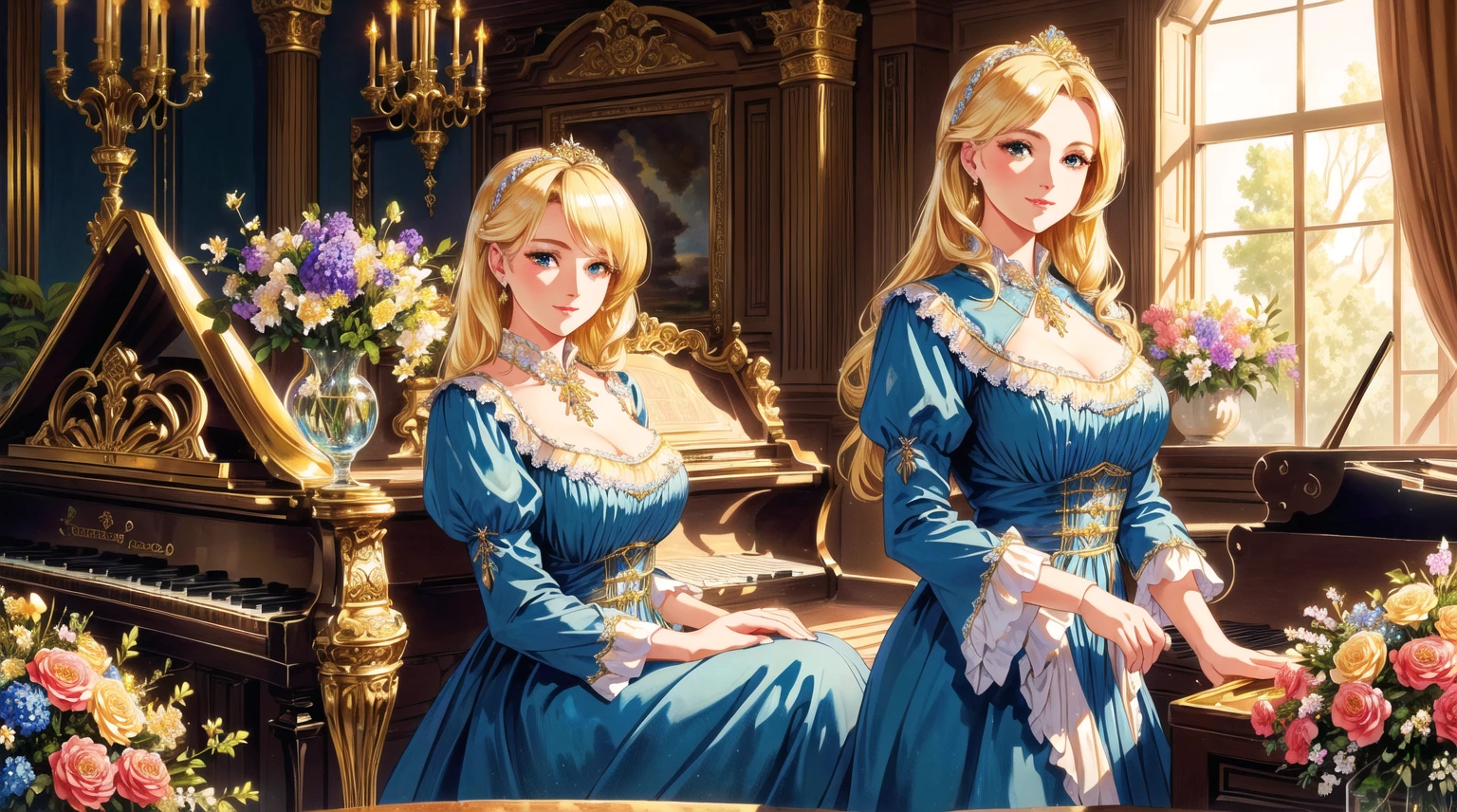 A beutiful realistic scene of a haughty blonde lady in a blue old fashioned dress; the background is large and vintage, a ancient house with a golden piano and a lot of flowers; masterpiece; ultra hd, 4k