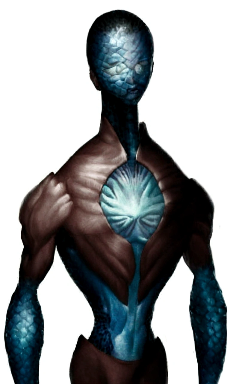 um close de uma pessoa com o corpo pintado de azul, Djinn Human Hybrid, avatar da parte superior do corpo, elemental water iridescence, sectóide, antediluviano, personagem estelar, male djinn man demon hybrid, corpo inteiro, humanoid form, holosmith masculino, anthropomorphic _ humanoid, human body with dragon features