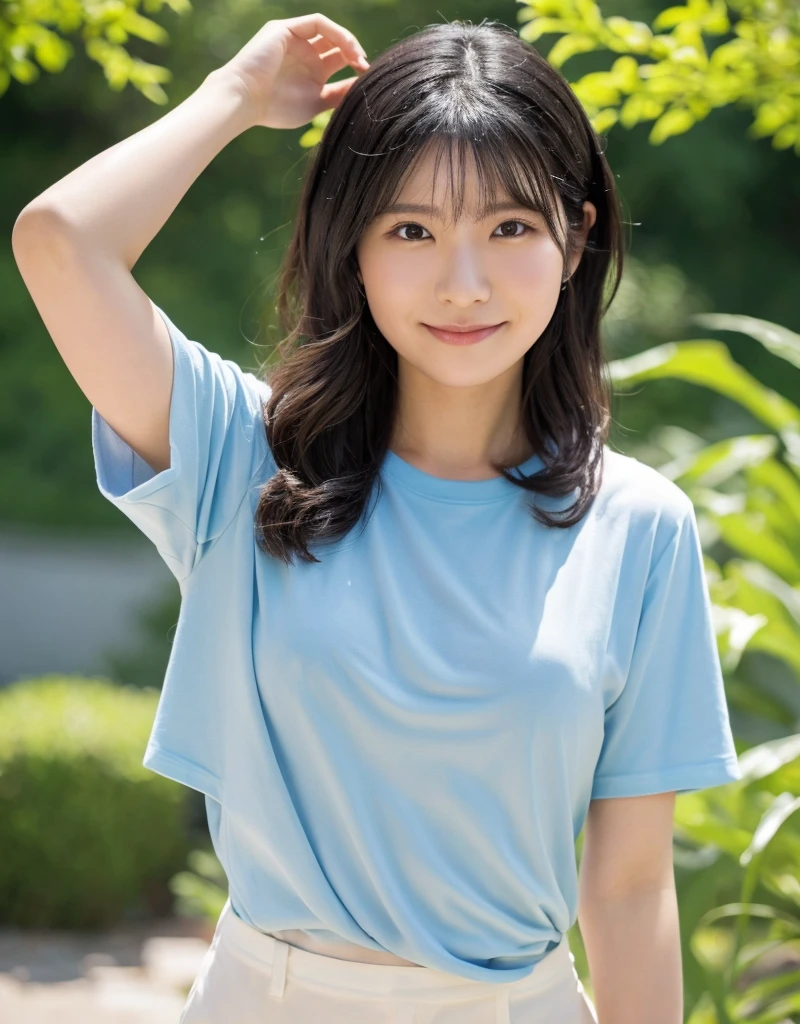 nswf,(wearing ,t-shirt:1.3),{{{{see through:1.7}}}},{{t-shirt are wet with water}},{erect nipples:1.3},Top quality, 1 beautiful Japanese woman, ,high school student,(18 years old),medium hair, (Black hair:1.2), Ultra-realistic capture, Highly detailed, High resolution 16k close-up of human skin. Skin texture must be natural, With such detail that pores can be finely identified. Skin should look healthy, In a uniform tone. Use natural light and color,