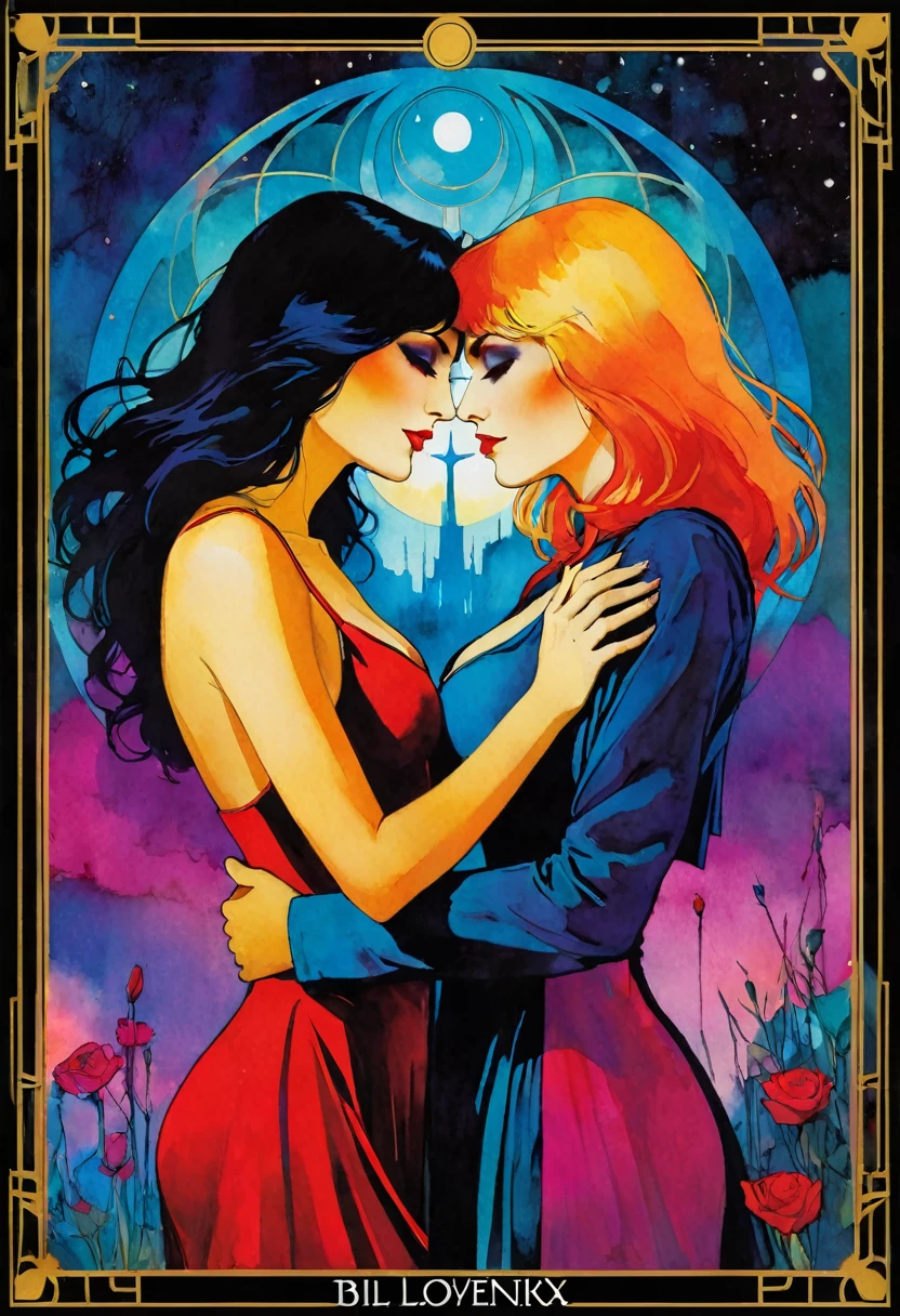 tarot card, a card, card : "THE LOVERS", tarot card frame,vivid colors (art inspired by Bill Sienkiewicz). text: THE LOVERS