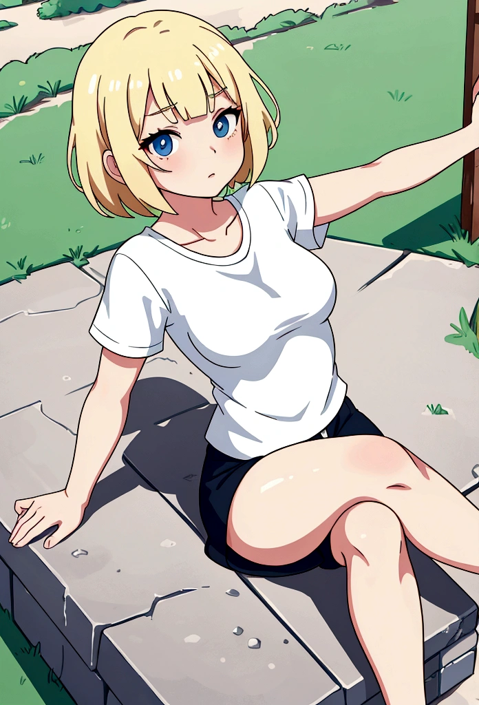 a white girl, short hair, bangs, anime style, white t-shirt, strong shadow, bold lineart, blonde hair, crossed legs, small breasts, country landscape