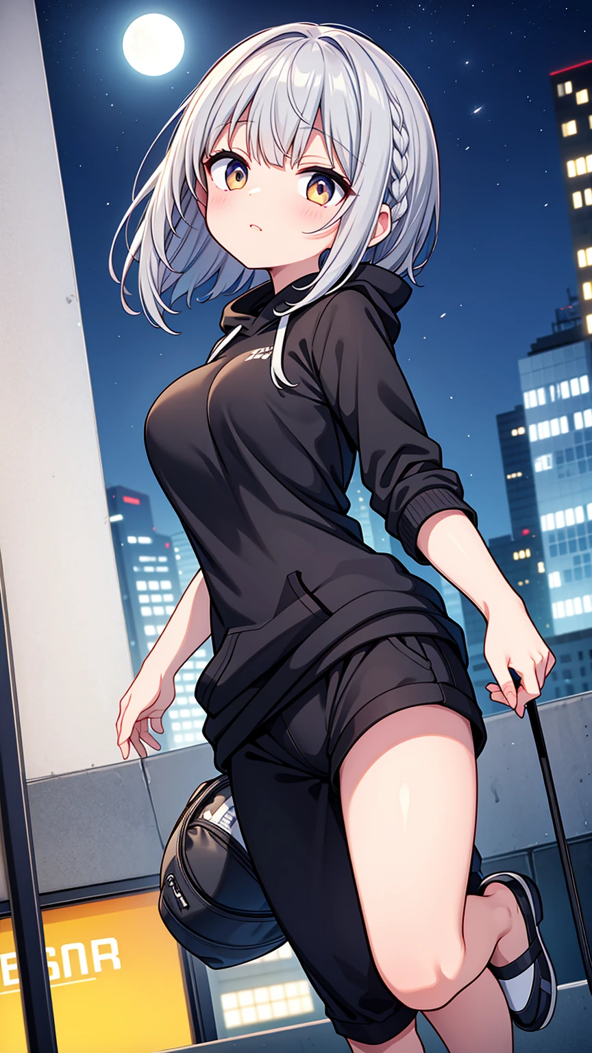 1 Sister、Braided side up short hair、dark grey HAIR、Golden Eyes、Black hoodie jumper、Grey T-shirt、Inflated big breasts、Black shorts、Gray sneakers、Black Pantyhose、Doing parkour moves、Riding the wind, running like a dancer、Futuristic night city、Pale Crescent Moon