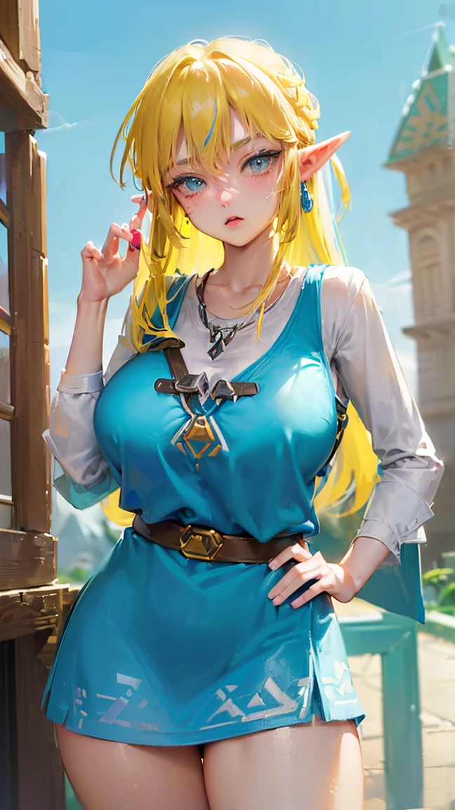 (((link(the legend of the zelda))),((gender bender,yellow hair,blue_eyes,cowboy shot,hair between eyes)),((link(the legend of the zelda) is a milf,42 years old,gigantic clothing))