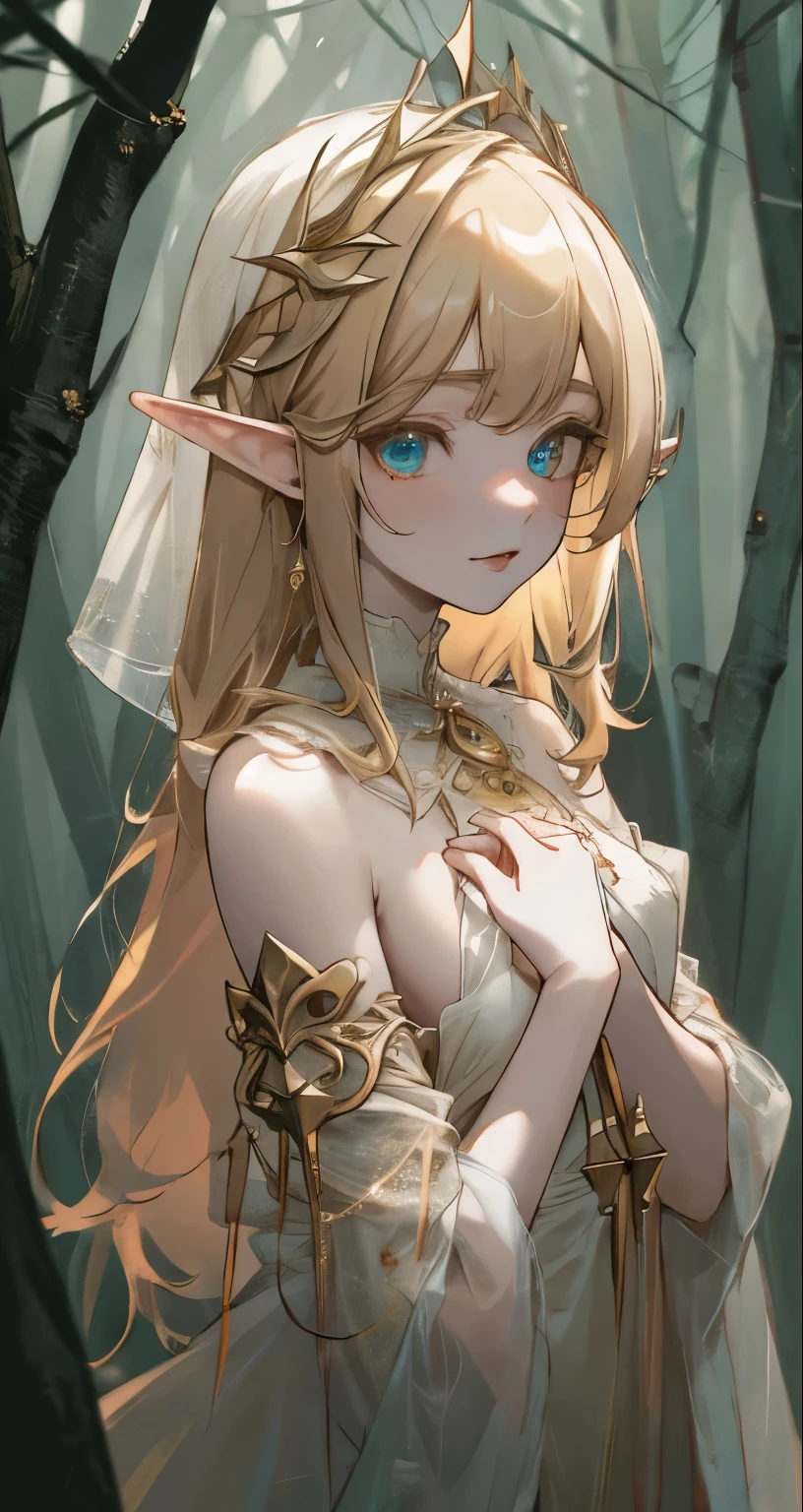 { masterpiece : best quality : high resolution : unity 8k wallpaper : illustration : beautiful detailed eyes : extremely detailed face : perfect lighting : extremely detailed CG } { monochrome : horror dark lightings } { nsfw : hentai } { in a creepy woods : } { Ella Freya : elegant blonde hair : elf : elf dress : perfectly small shape breast : perfectly fit body }