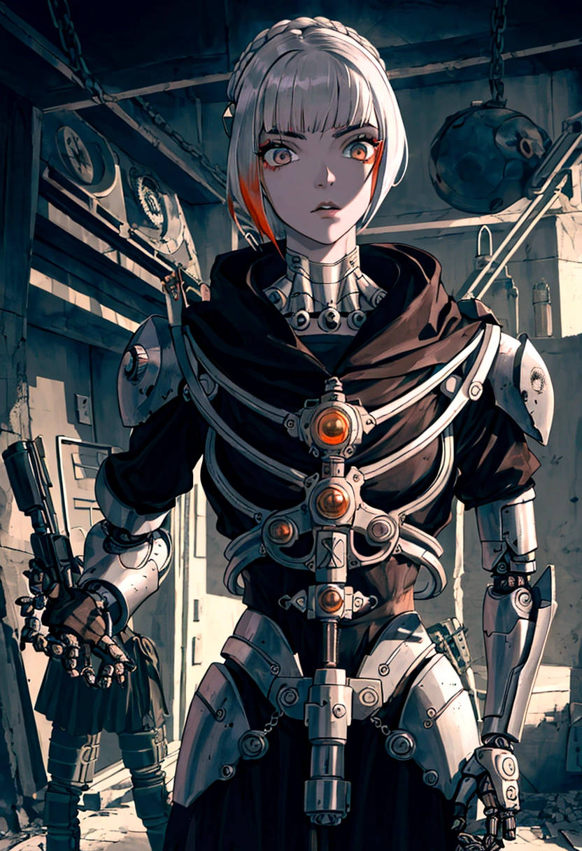 (((mulher))), (((melhor qualidade))), (((obra prima))), (((adulto))), (((1girl))), ((( corte de cabelo bob ))), A highly detailed and realistic skull girl,( Anya. Taylor Joy) cyberpunk character, mad max furiosa, one hand robot, cyborg arm, orange hair, dramatic metal heavy rock theme, best quality, 8k, hyperrealistic, photorealistic, extreme detailed painting, studio lighting, vivid colors, dark moody atmosphere, cinematic, dramatic pose, intricate mechanical details, glowing energy effects, intense gritty textures, seamless integration of organic and inorganic elements. Wearing the used clothes of a wastelander. Background: An apocalyptic wasteland. Dusty and depressing., sexy pose, walking