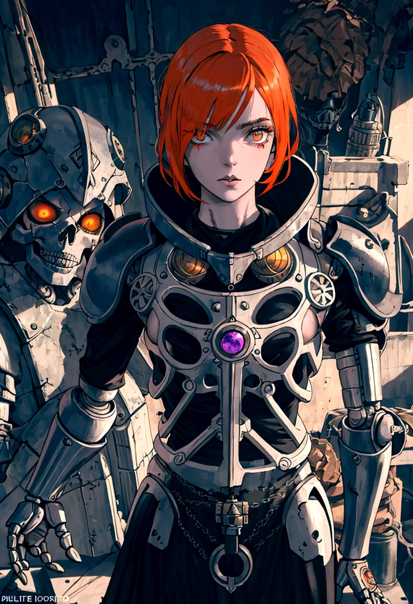 (((mulher))), (((melhor qualidade))), (((obra prima))), (((adulto))), (((1girl))), ((( corte de cabelo bob ))), A highly detailed and realistic skull girl,( Anya. Taylor Joy) cyberpunk character, mad max furiosa, one hand robot, cyborg arm, orange hair, dramatic metal heavy rock theme, best quality, 8k, hyperrealistic, photorealistic, extreme detailed painting, studio lighting, vivid colors, dark moody atmosphere, cinematic, dramatic pose, intricate mechanical details, glowing energy effects, intense gritty textures, seamless integration of organic and inorganic elements. Wearing the used clothes of a wastelander. Background: An apocalyptic wasteland. Dusty and depressing., sexy pose, walking