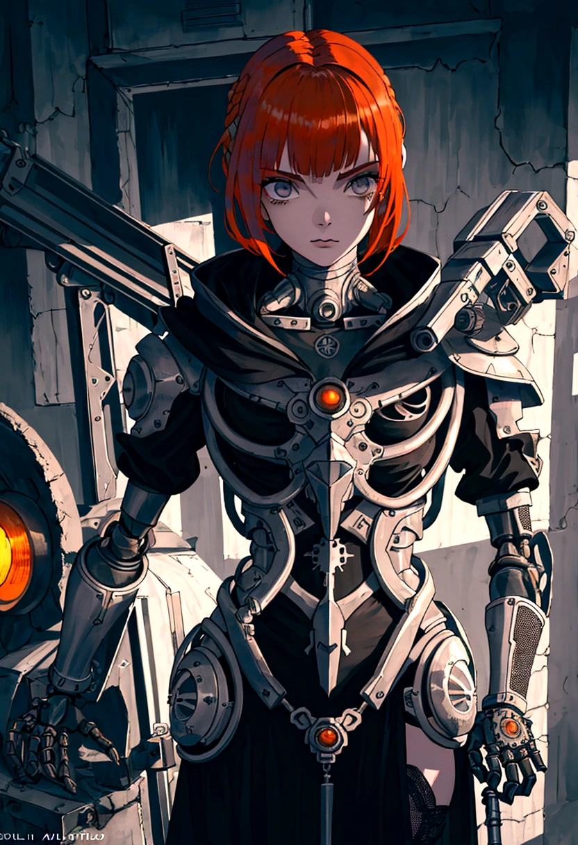 (((mulher))), (((melhor qualidade))), (((obra prima))), (((adulto))), (((1girl))), ((( corte de cabelo bob ))), A highly detailed and realistic skull girl,( Anya. Taylor Joy) cyberpunk character, mad max furiosa, one hand robot, cyborg arm, orange hair, dramatic metal heavy rock theme, best quality, 8k, hyperrealistic, photorealistic, extreme detailed painting, studio lighting, vivid colors, dark moody atmosphere, cinematic, dramatic pose, intricate mechanical details, glowing energy effects, intense gritty textures, seamless integration of organic and inorganic elements. Wearing the used clothes of a wastelander. Background: An apocalyptic wasteland. Dusty and depressing., sexy pose, walking
