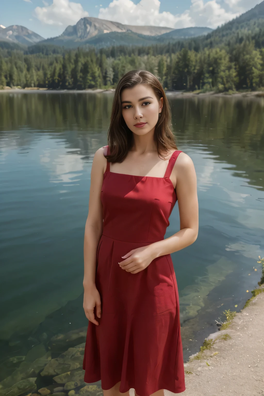 1 young woman, red tea party 1950s vintage audrey hepburn sleeveless spring dress for women, standing on flat surface of lake, pacific northwest landscape, crystal clear water reflection, sunlight shimmering, soft natural lighting, highly detailed, photorealistic, award winning digital art, 8k, (best quality, 4k, 8k, highres, masterpiece:1.2), ultra-detailed, (realistic, photorealistic, photo-realistic:1.37), HDR, UHD, studio lighting, ultra-fine painting, sharp focus, physically-based rendering, extreme detail description, professional, vivid colors, bokeh, hyperrealistic