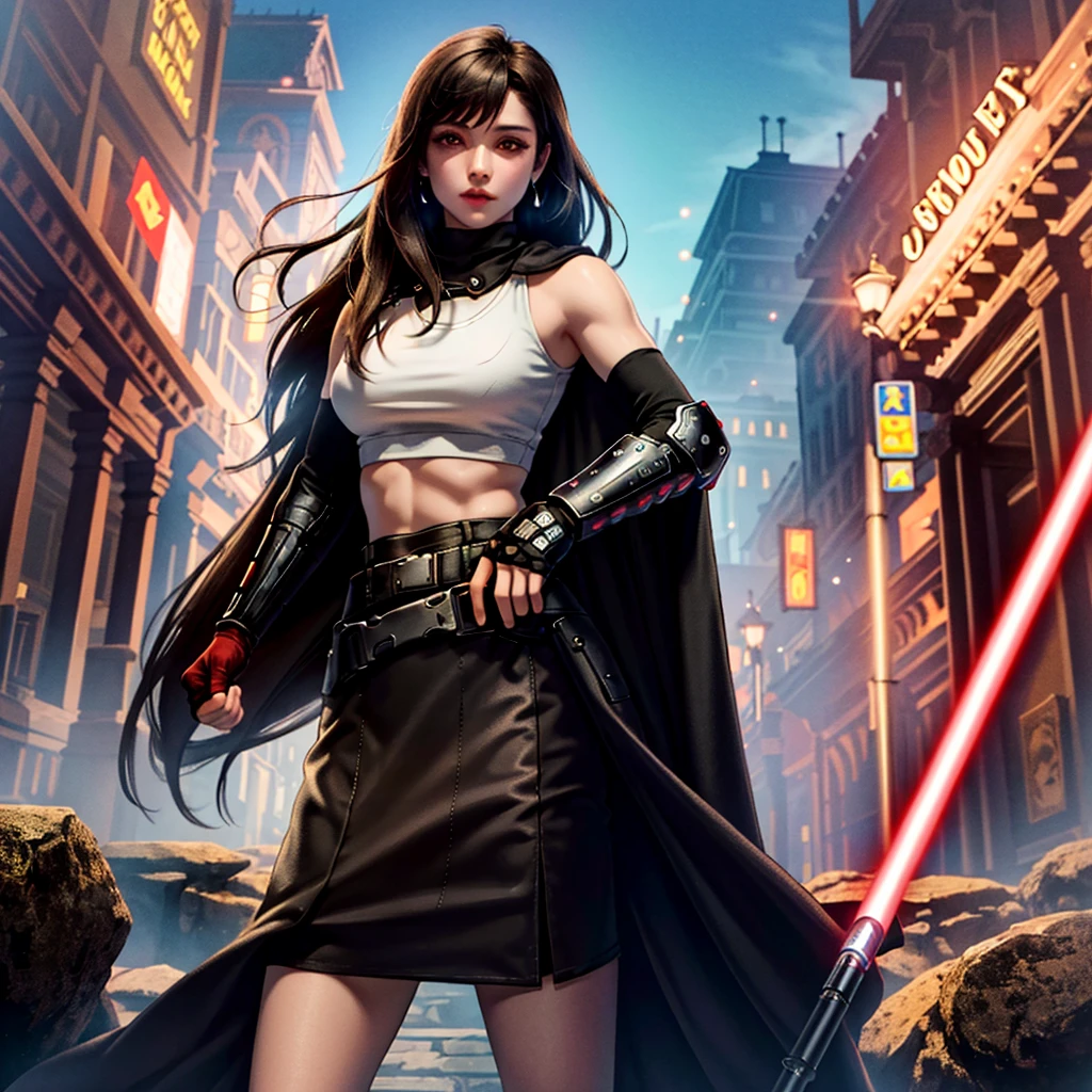 best quality,masterpiece,highres,original,extremely detailed wallpaper,perfect lighting,extremely detailed CG defTifa, red eyes, low-tied long hair, earrings, armored white carbon fibre crop top, midriff, black miniskirt, pencil skirt, arm warmers, elbow gloves, elbow pads, red gloves, cape, holding red lightsaber