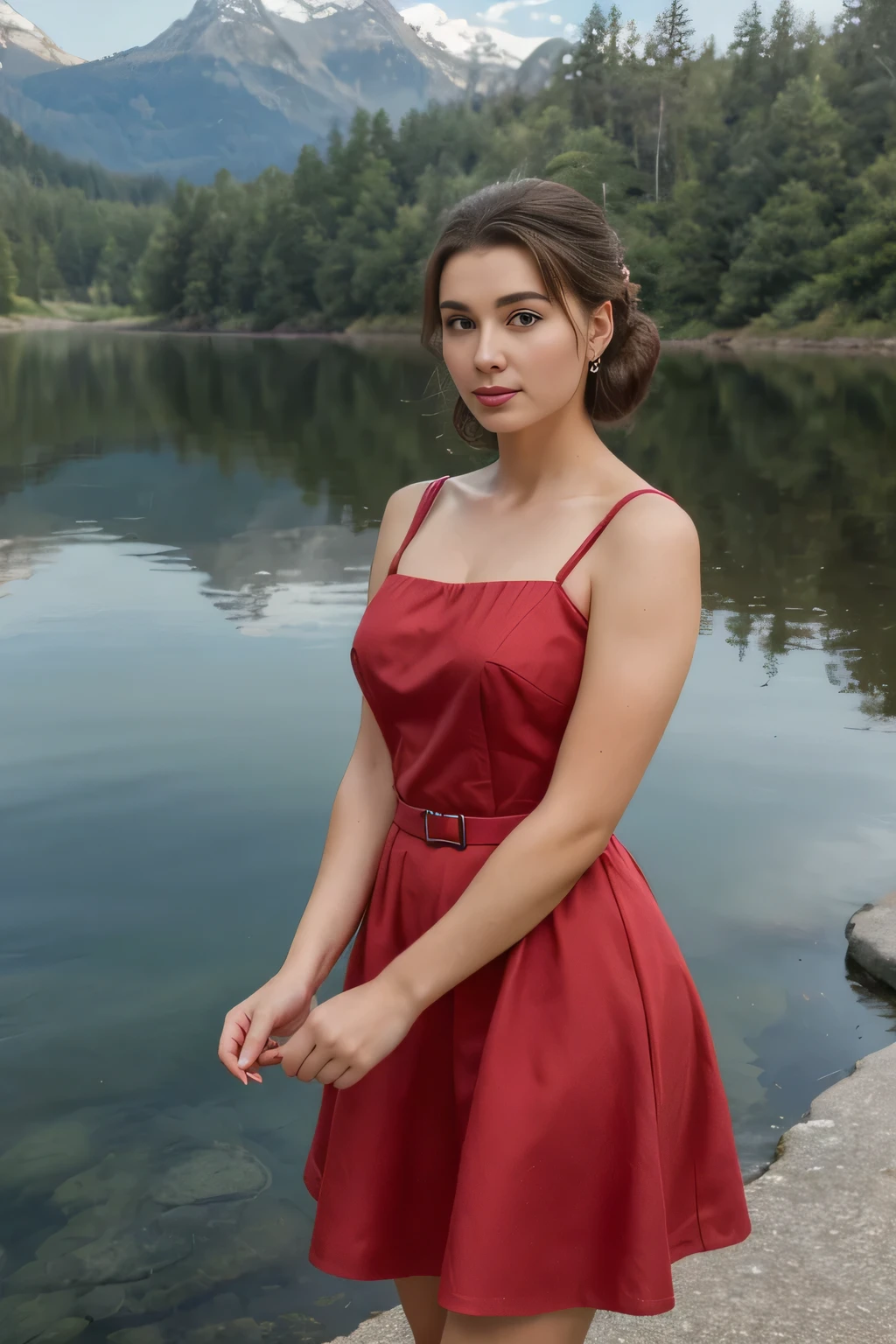 1 young woman, red tea party 1950s vintage audrey hepburn sleeveless spring dress for women, standing on flat surface of lake, pacific northwest landscape, crystal clear water reflection, sunlight shimmering, soft natural lighting, highly detailed, photorealistic, award winning digital art, 8k, (best quality, 4k, 8k, highres, masterpiece:1.2), ultra-detailed, (realistic, photorealistic, photo-realistic:1.37), HDR, UHD, studio lighting, ultra-fine painting, sharp focus, physically-based rendering, extreme detail description, professional, vivid colors, bokeh, hyperrealistic