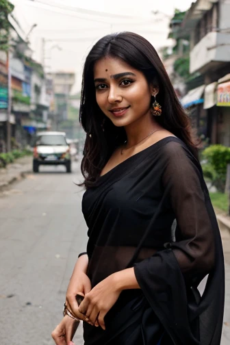 Bangladeshi 22 years old beautiful  girl, wear black colour saree, urban road  best quality, masterpiece, ultra high res, photorealisticsmile