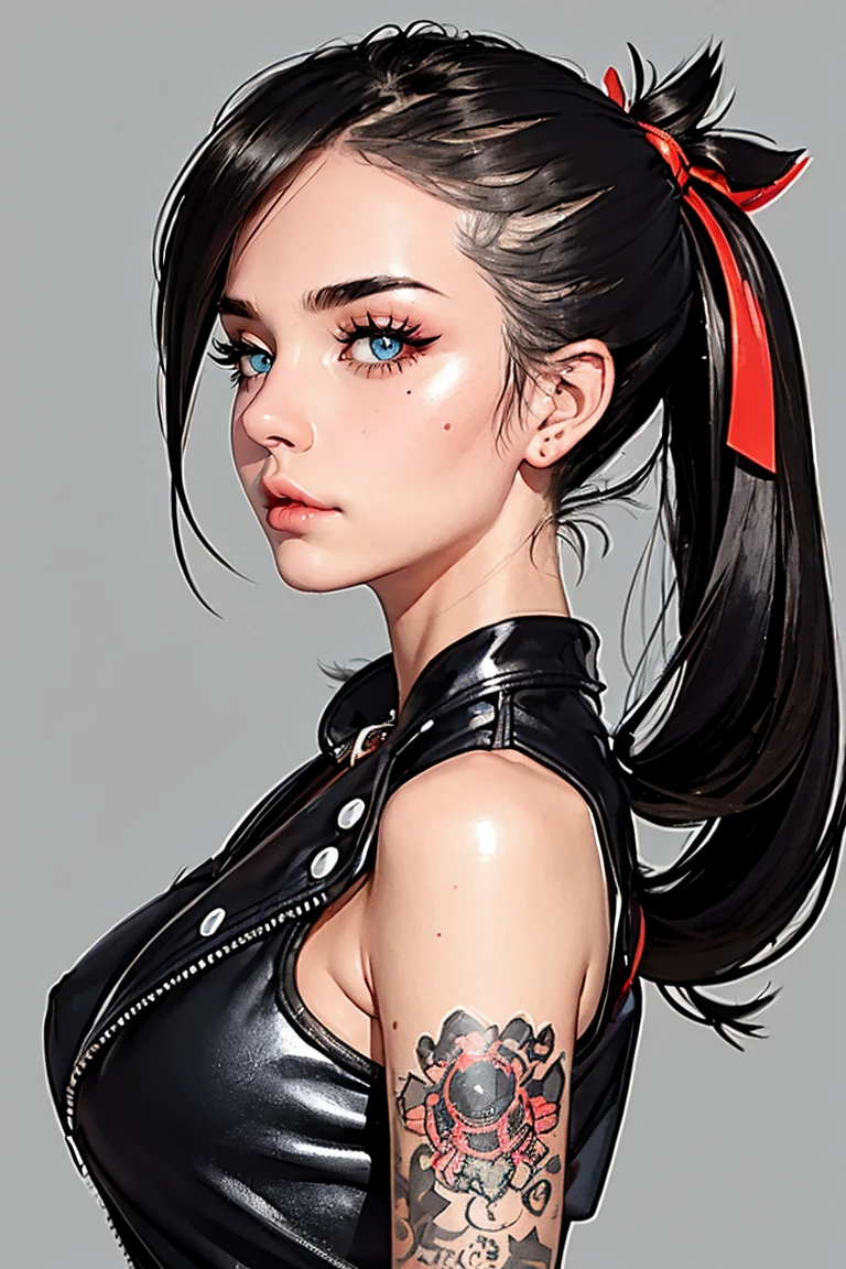 close up of face, Marnie (pokemon), punk, sucubbus, beautiful eyes, aqua eyes, choker, red ribbon, Side bangs, black hair, Voluminous hair, side ponytails, black lether jacket, pink dress, torn clothes, big breasts, london backgrond, (beautiful detailed face, beautiful detailed eyes), High contrast, (best illumination, an extremely delicate and beautiful), ((caustic, sexy, charming, seductive)), british woman, arms down, upper body, Adult, 26 years.