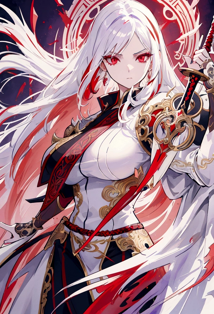 a woman with white hair and red streaks, neutral expression, detailed red eyes, holding a large ornate purple sword, detailed eyes, extremely detailed sword, cinematic dramatic lighting, fantasy, concept art