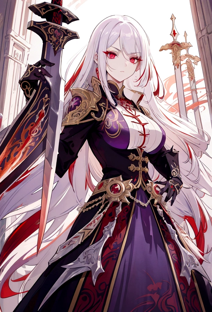 a woman with white hair and red streaks, neutral facial expression, detailed red eyes, holding a large ornate purple sword, detailed eyes, extremely detailed sword, cinematic dramatic lighting, fantasy, concept art