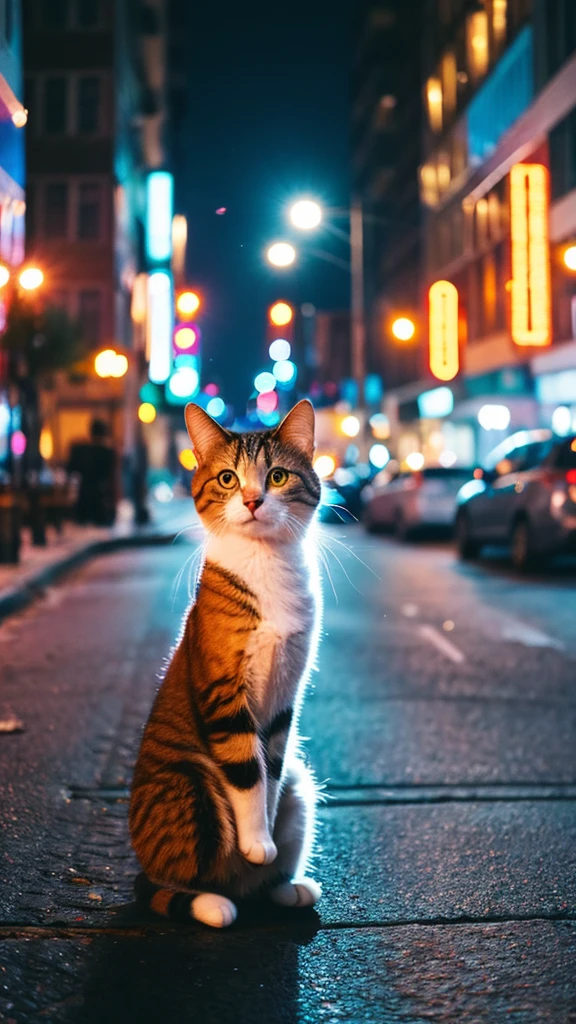 Cute animal cat In the city at night