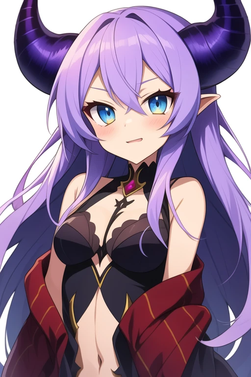anime female demon with purple skin, long white hair, blue and amber eyes, and demon horns