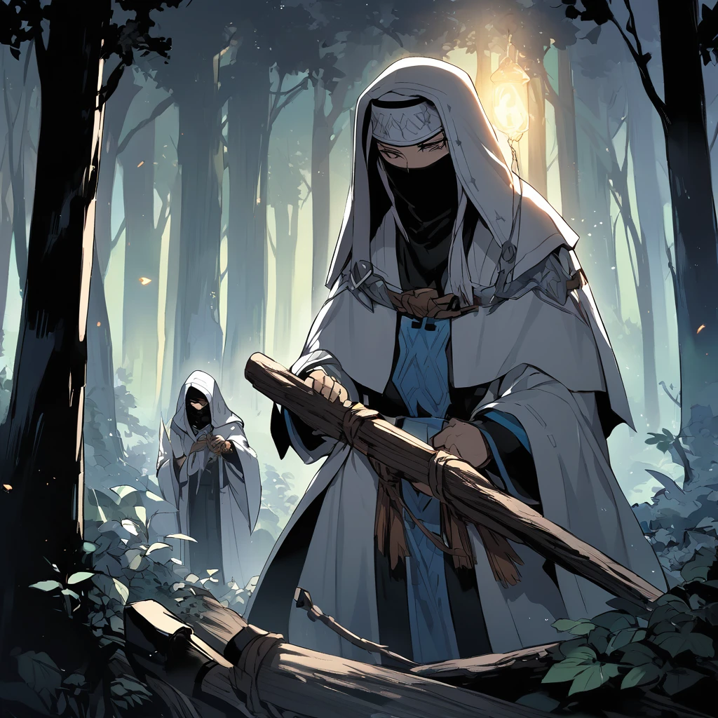 Cleric in danger in a forest at night.