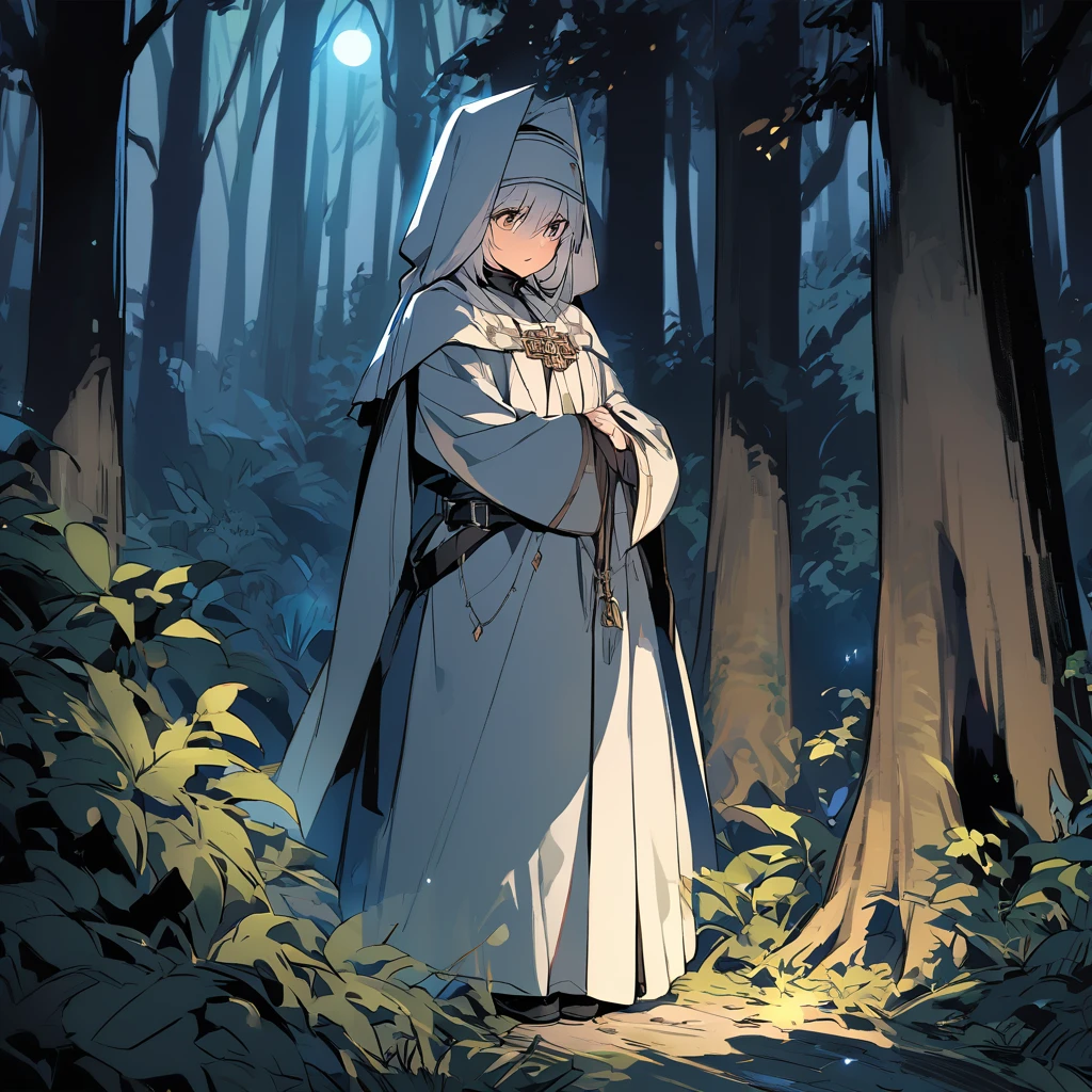Cleric in danger in a forest at night.
