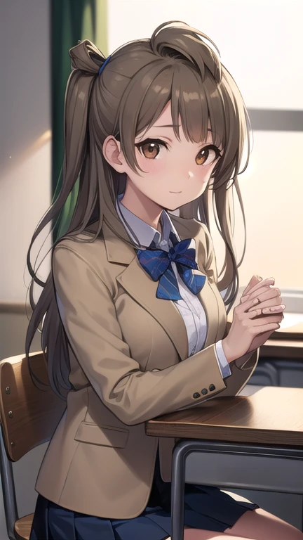 kotoriminami, kotori minami, brown hair, (brown eyes:1.5), one side up, hair ribbon, ribbon, long hair,
BREAK blazer, blue skirt, jacket, otonokizaka , pleated skirt, , winter uniform,
BREAK looking at viewer,
BREAK indoors, classroom, 
BREAK (masterpiece:1.2), best quality, high resolution, unity 8k wallpaper, (illustration:0.8), (beautiful detailed eyes:1.6), extremely detailed face, perfect lighting, extremely detailed CG, (perfect hands, perfect anatomy),