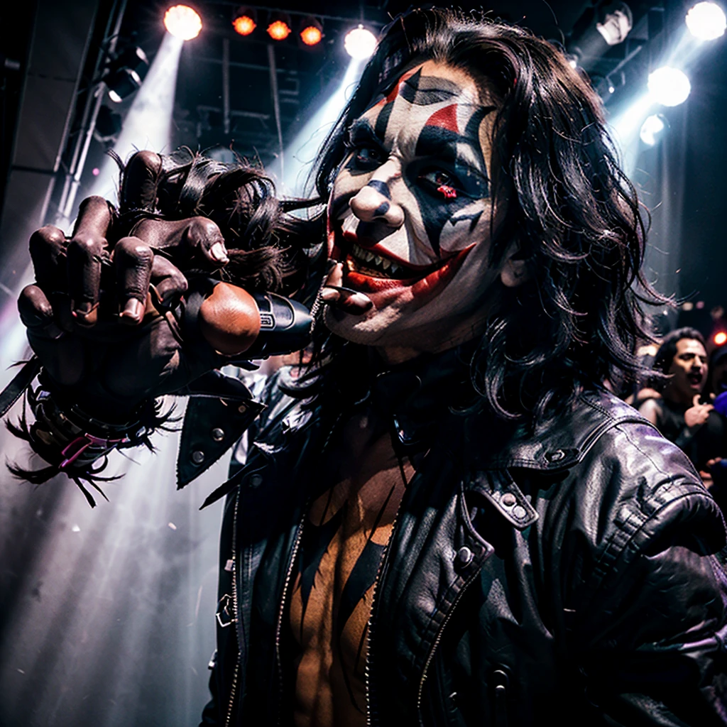 Candid photo of The Dark Knight Joker with iconic makeup, dark eyes, and red smile stands at the microphone center stage, capturing a raw and chaotic energy. Surrounding him, Gene Simmons and the rest of Kiss are in their flamboyant heavy makeup and leather outfits accented with spikes. The lighting is dramatic, with strong spotlights and colored beams cutting through the darkness to highlight the performers. The stage is full of movement, with the Joker gesturing wildly and Simmons sticking out his long tongue, creating a charged atmosphere of rebellion and frenetic excitement. Candid, high-energy rock concert, combining the dark, chaotic aesthetic of The Dark Knight's Joker with the flamboyant, theatrical style of Gene Simmons and Kiss. High contrast lighting, intense facial makeup, and dynamic stage presence. --style raw --s 0 --ar 10:16 --v 6.0