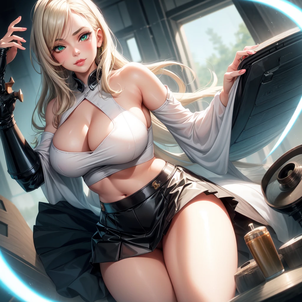 One girl, solo, Big round breasts, clevage, curvy body, realistic, white blonde hair, streaky hair, green eyes, amazing big eyes, eye details, eyebrow details, latex, crop top, skirt, big lips, blush, smirk, HD, home background, relaxing, sensual