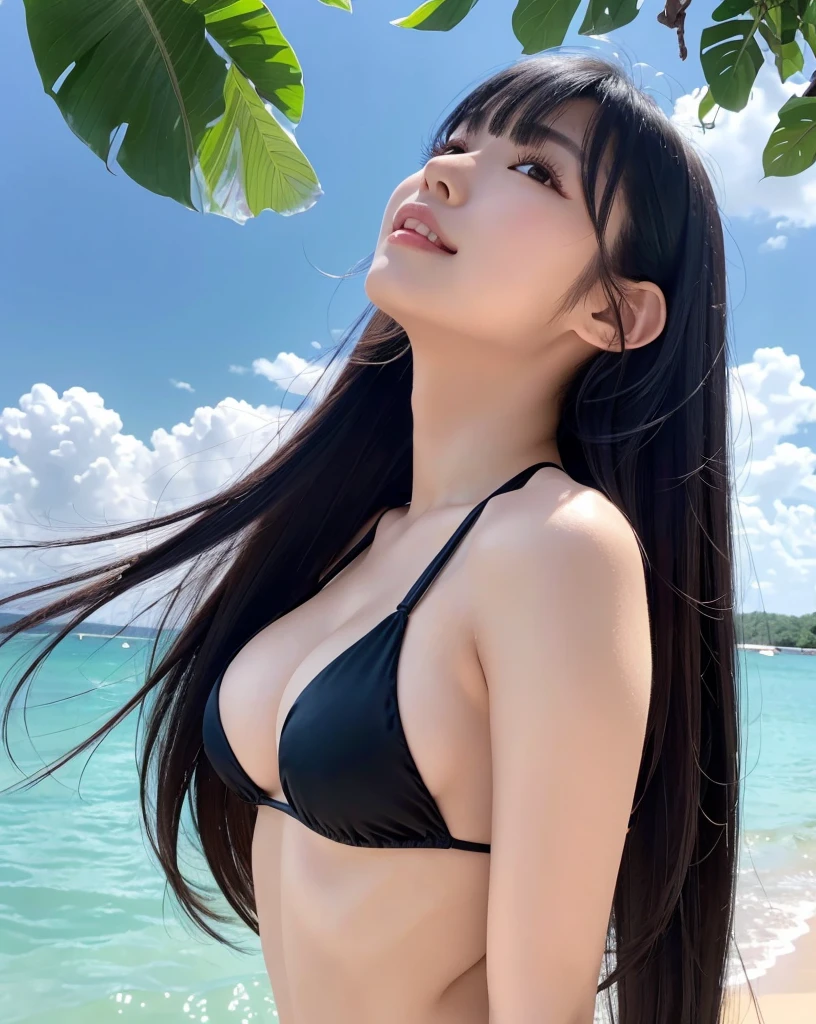 (Highest quality, 32k, High resolution, Masterpiece:1.5, ), marimo_jet, god々A photograph with brilliant dazzling and healing power., Evoking a sense of calm and elusive beauty, Expressing emotions, Have a rich imagination,Beautiful Japanese Girls, An exceptionally beautiful face, Small Face Beauty, Perfect Human Anatomy, Magical big eyes, Motherhood and generosity, Deep Love, fleeting smile, ((Shiny black hair:1.1)), ((Super Long Straight Silk Hair)), Asymmetrical bangs, Hair between the eyes, Transparent, soft white skin, Sharp eyebrows, Thin lashes, Natural Makeup, Cheek highlighter, Pale pink detailed lips, , ((High-quality black bikini:1.2)), High resolutionの完璧な鎖骨, High resolutionの美しい胸元, Slim figure with ample breasts, High resolutionの美しい太もも, ((Profile looking up at the sky:1.3)), Dazzling Sun, Professional Lighting, Professional photographer, Professional models, god秘的
