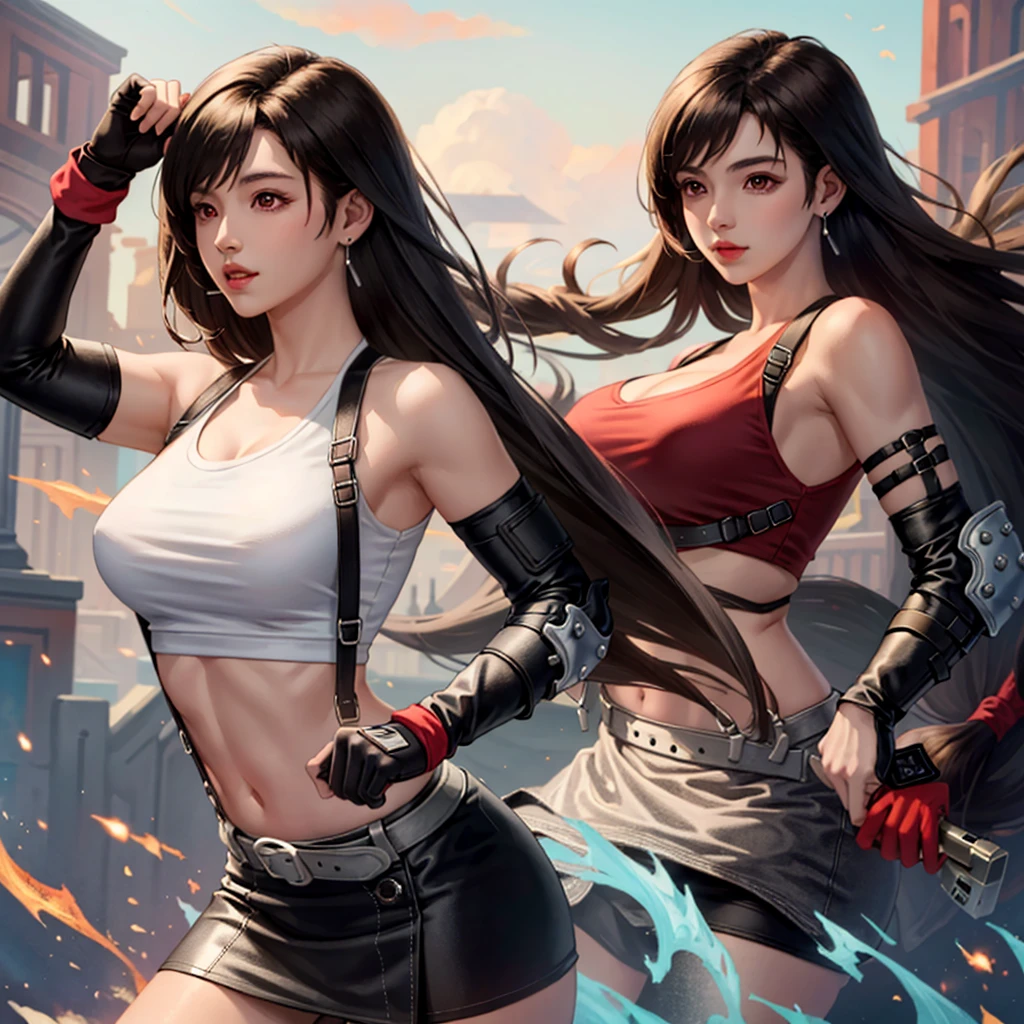 defTifa, red eyes, low-tied long hair, earrings, white crop top, suspenders, black miniskirt, pencil skirt, arm warmers, elbow gloves, elbow pads, red gloves