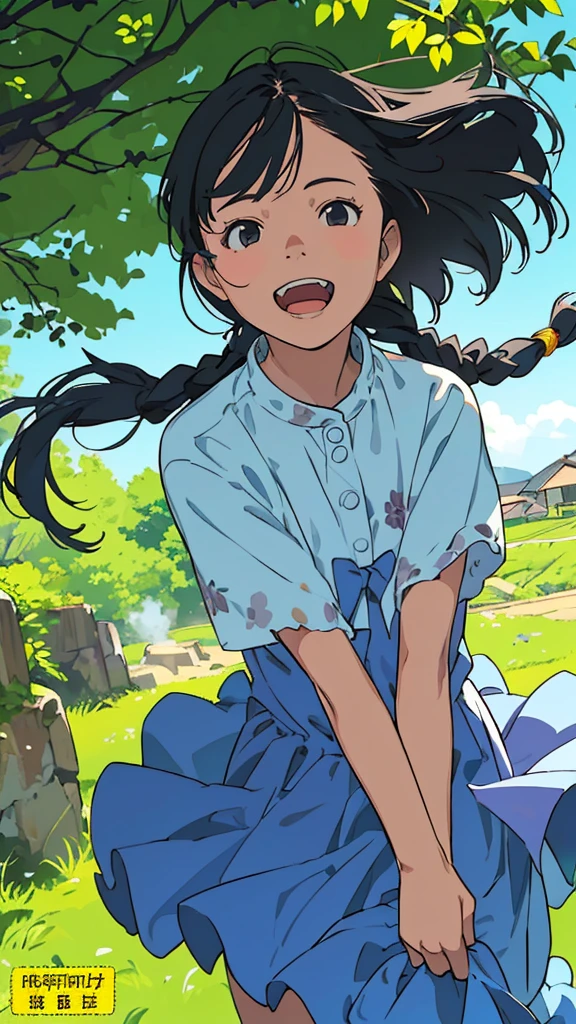 Reasonable design, Clear lines, High Sharpness, (Highest quality,4k,Perfect sharpness,Ultra fine,High resolution,masterpiece:1.2), Perfect Anatomy:1.5, Official Art, Illustrations that tell a story, (Whitish background:0. 9）、Body Positivity、多Mr.な身体表現、（Random and energetic poses）、Perfect beauty、Perfect beautiful face、Strong winds、A rich expression、Dynamic composition、smile、Golden ratio composition、colorful、（(Mr.々Different angles and perspectives)）、Anime Art、(Mini dress)、（Overcoming stereotypes）、 Glowing Skin、（Natural beauty）、smile、Bangs、（Soft and flowing hair）、（countryside）、（Nostalgic atmosphere）、Put up to your feet、（Playful and carefree）、（多Mr.な民族のキャラクター）、（innocent attitude）、（Sunny atmosphere）、(The skirt flutters wildly in the wind)、（Bright colors）、Beautiful Eyes、(Embarrassing)、Braided Hair、Summer Scene、