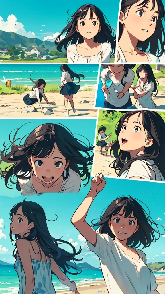 Reasonable design, Clear lines, High Sharpness, (Highest quality,4k,Perfect sharpness,Ultra fine,High resolution,masterpiece:1.2), Perfect Anatomy:1.5, Official Art, Illustrations that tell a story, (Whitish background:0. 9)、Body Positivity、多Mr.な身体表現、(Random and energetic poses)、Perfect beauty、Perfect beautiful face、Strong winds、A rich expression、Dynamic composition、smile、Golden ratio composition、colorful、((Mr.々Different angles and perspectives))、Anime Art、(Mini dress)、(Overcoming stereotypes)、 Glowing Skin、(Natural beauty)、smile、Bangs、(Soft and flowing hair)、(countryside)、(Nostalgic atmosphere)、Put up to your feet、(Playful and carefree)、(多Mr.な民族のキャラクター)、(innocent attitude)、(Sunny atmosphere)、(The skirt flutters wildly in the wind)、(Bright colors)、Beautiful Eyes、(Embarrassing)、Braided Hair、Summer Scene、