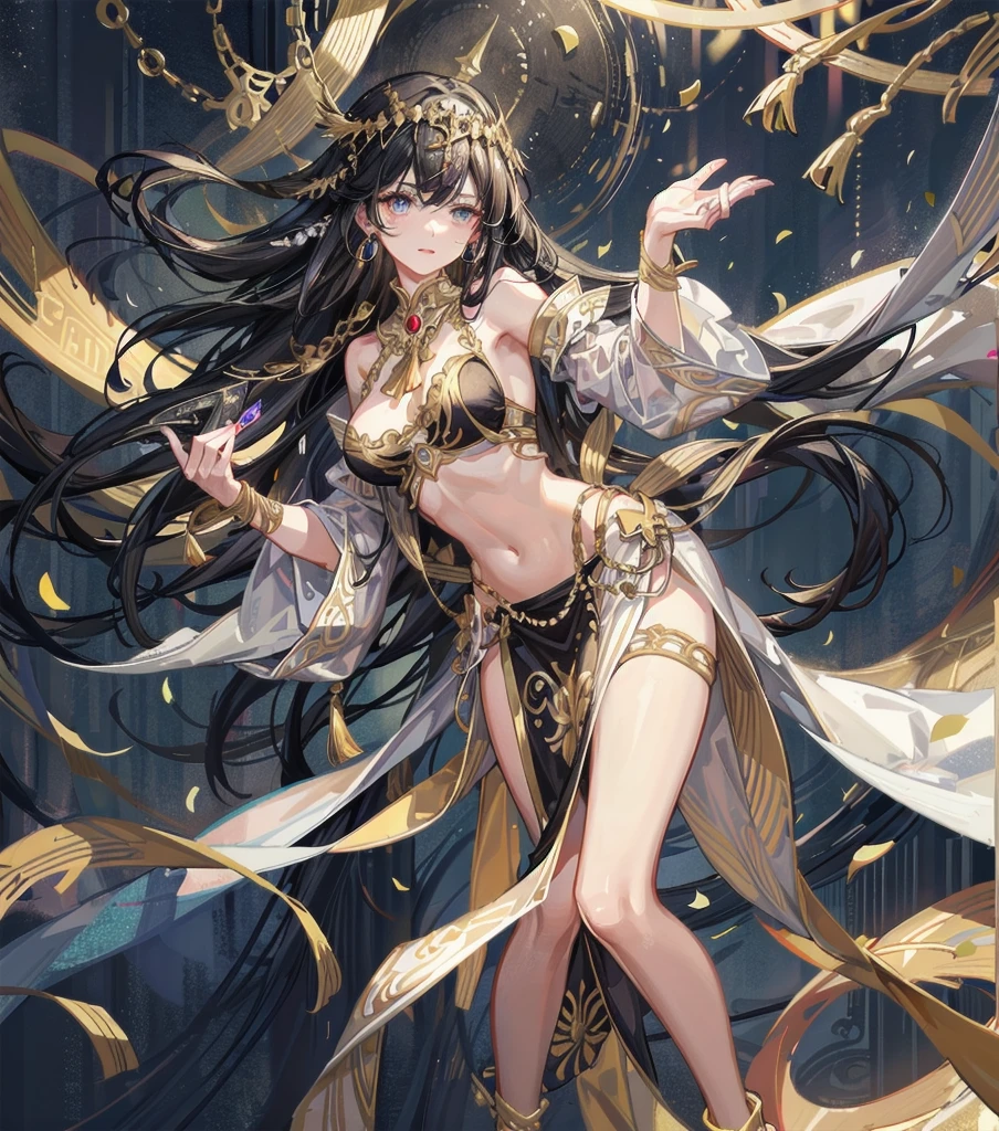 medium hair, black hair, medium tits, tearful mole, earring, whole body, gorgeous belly-dancer in jewelry-dress, white marble castle with golden ornates, Transparent white hanfu golden ornates, gold jewels,