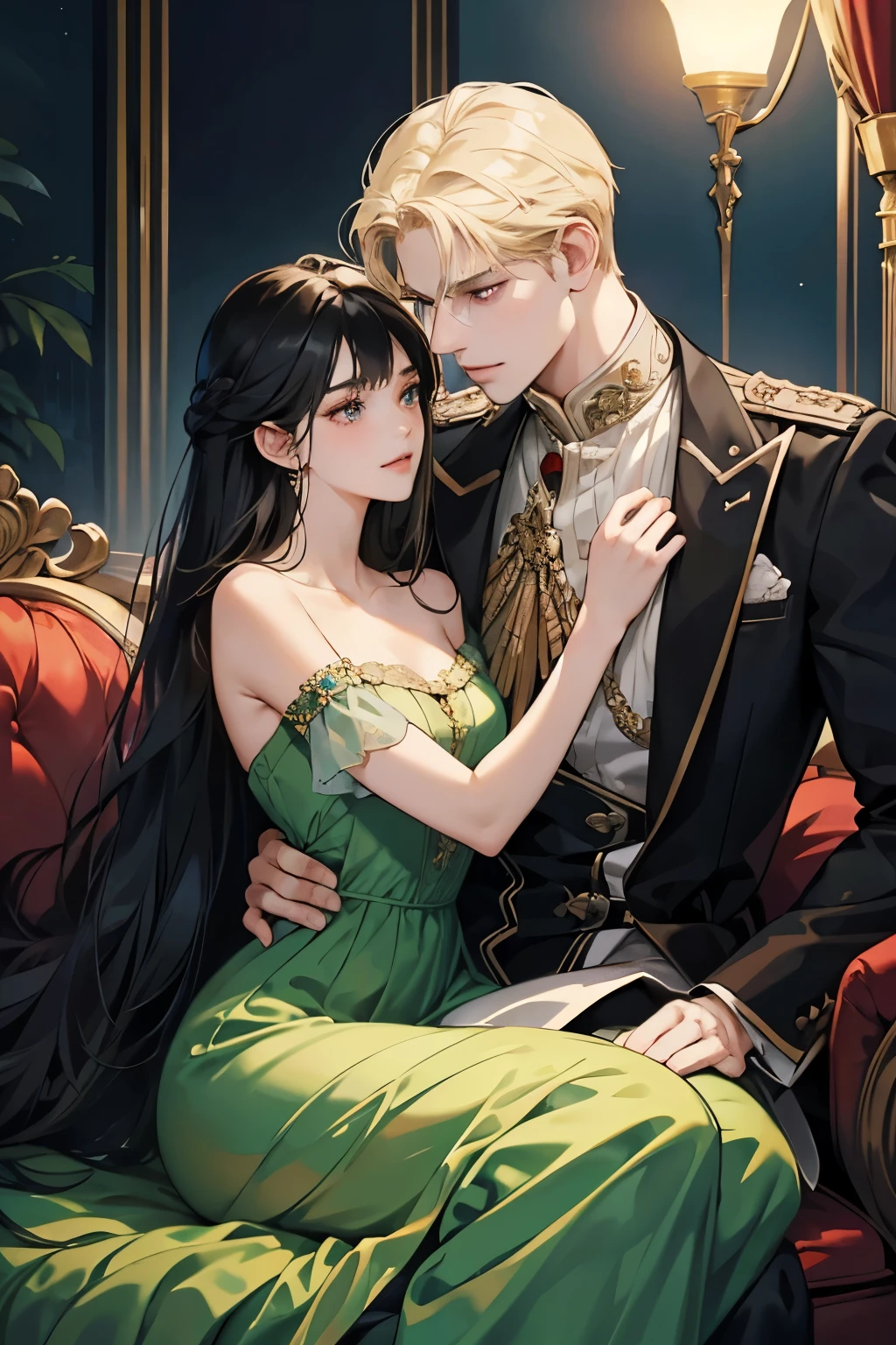 (masterpiece, a couple, high quality, best quality) The royal couple during the dance, The Guy is a perfect blond, blue-eyed aristocrat gave the impression of untouchability due to his overly bright facial features.A girl with long black hair, red eyes. Very close to each other. A girl in a beautiful dark green dress, a beautiful figure, very close to a guy, hugging excitedly, moonlight, beautiful facial features, desire, novel, couple, elegance. the cover of a novel for adults, good quality, sensual pose, lustful looks. the colors of the King,beautiful androgynous prince, knight and princess, delicate androgynous prince, romanticism art style, anime key visual of elegant, royal portrait, a girl with long black hair, resin-colored hair, red eyes, fair skin, light green dress. Background: The royal garden at night. Moon Lighting. Girl black hair red eyes, guy golden hair blue eyes, age 25, detailed face, manly man passionately hugs a girl, a girl is a princess of an enemy country with long black hair and red eyes, a man with golden hair and blue eyes, contrasting colors, passionate relationship, a girl in a green fitted dress with a neckline, a , male king in royal costume, after the ball, background of the royal garden, the lighting is cold, intimacy between the couple, passion. A very sexy man, . A girl is sitting on a man's lap, a passionate pose, a beautiful girl, a lot of details. Blond man, dark-haired girl, attraction between couple, sexy pose, addiction