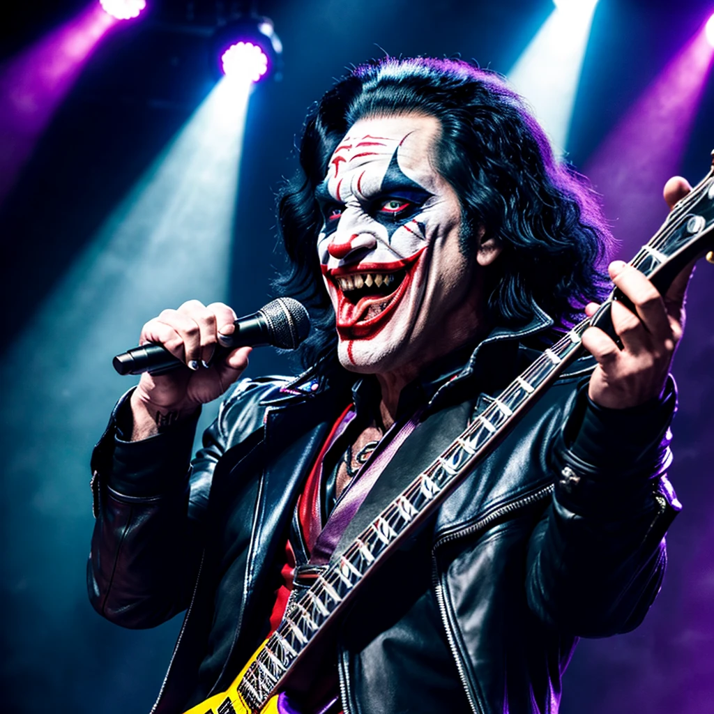 Candid photo of The Dark Knight Joker with iconic makeup, dark eyes, and red smile stands at the microphone center stage, capturing a raw and chaotic energy. Surrounding him, Gene Simmons and the rest of Kiss are in their flamboyant heavy makeup and leather outfits accented with spikes. The lighting is dramatic, with strong spotlights and colored beams cutting through the darkness to highlight the performers. The stage is full of movement, with the Joker gesturing wildly and Simmons sticking out his long tongue, creating a charged atmosphere of rebellion and frenetic excitement. Candid, high-energy rock concert, combining the dark, chaotic aesthetic of The Dark Knight's Joker with the flamboyant, theatrical style of Gene Simmons and Kiss. High contrast lighting, intense facial makeup, and dynamic stage presence. --style raw --s 0 --ar 10:16 --v 6.0