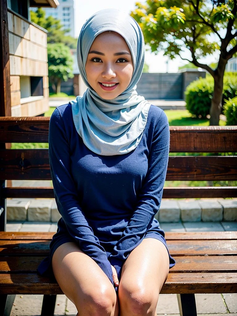 one Malay 36yo mature supermodel wearing hijab and long sleeve short dress sitting on a bench, ((very detailed face)))), ((very detailed eyes and face))), best quality, original, masterpiece, super fine photo, best quality, super high resolution, realistic realism, sunlight, full body portrait, amazing beauty, dynamic pose, soft curves, vibrant eye from the front), detailed complex busy background, gorgeous, highly detailed skin, realistic skin details, visible pores, clear focus, volumetric fog, 8k uhd, DSLR, high quality, film grain, fair skin, photo realism, lomography, ((happy, smiling))