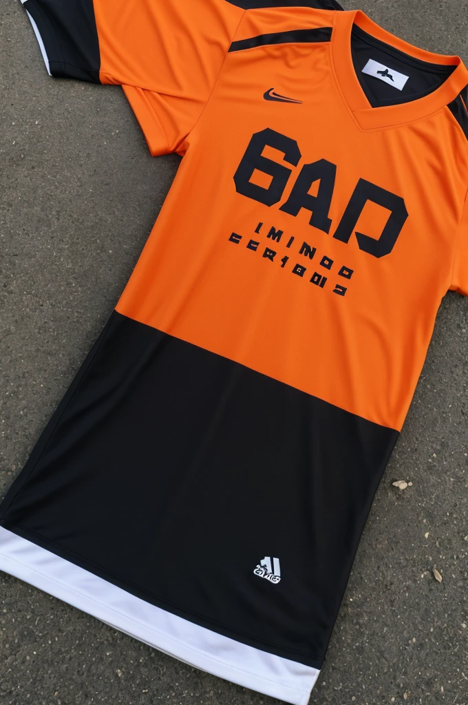 genera una camiseta de futbol naranja con detalles negros