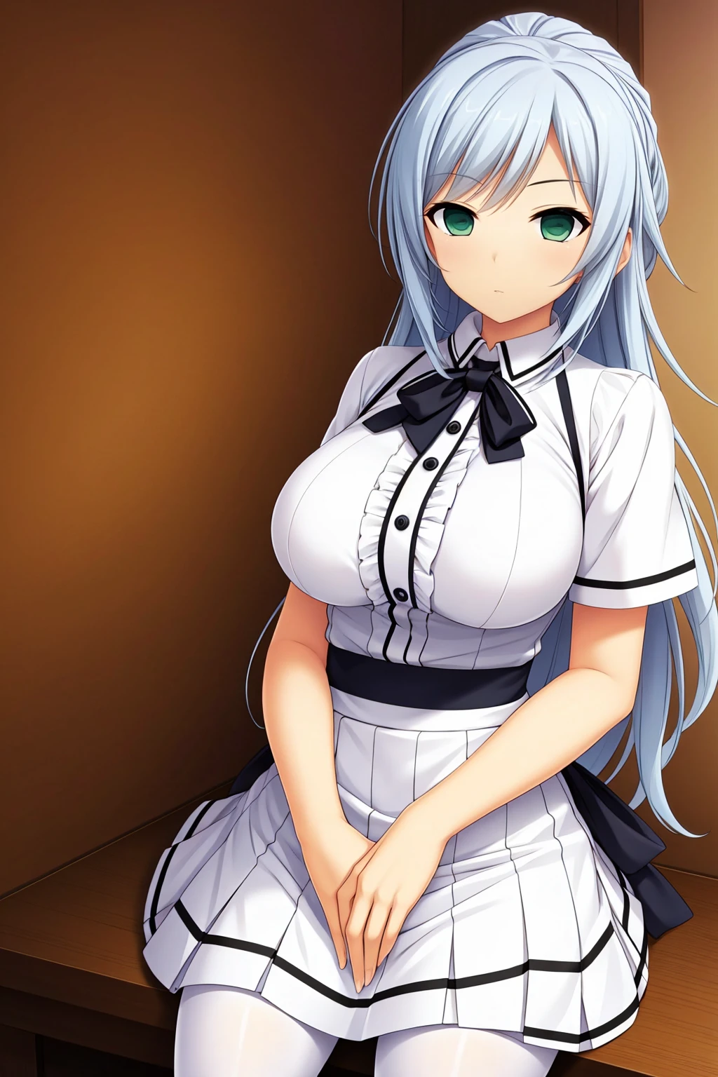 Ultra HD、Ultra-high resolution、8k,silver-hair,long-hair,silver-hair,green-eyes,dark-makeup,big-breast,白いFrilled shirt、Frilled shirt、black-ribbon-skirt,big-breast,older sister、Braided Hair,whole body、all-body,whole body、white-pantyhose