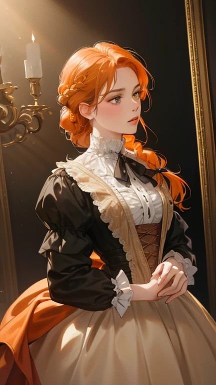 masterpiece, best quality, Practical, (absurd, High resolution, Super detailed), victorian era, Europe in the 18th century,noble,Orange hair color,braid, Delicate and meticulous, 8K, Reality, Dramatic Lighting, high quality, Complex design, classical portrait, enlarged texture, Exquisite details